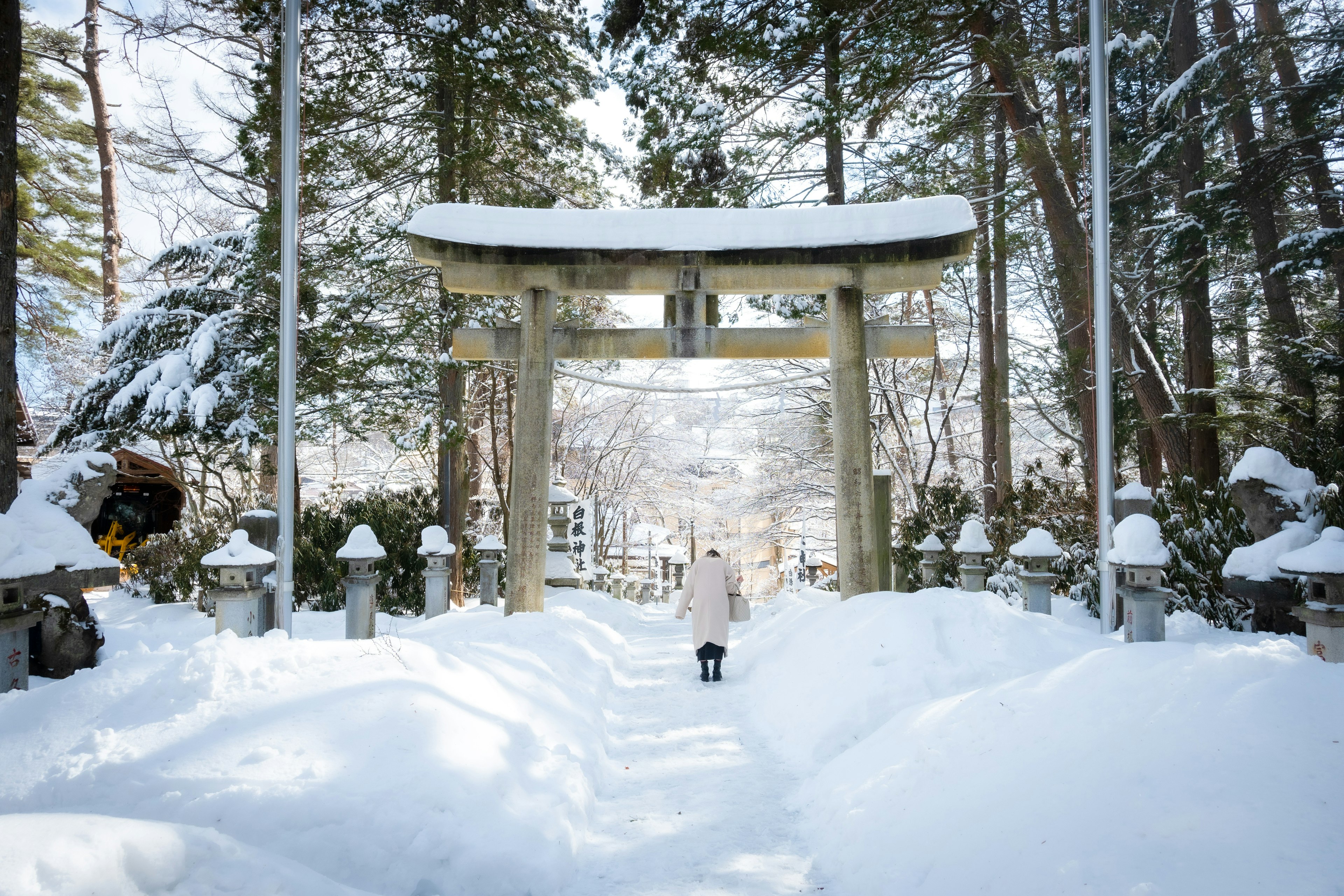 Snow-covered torii gate and pathway in a serene forest