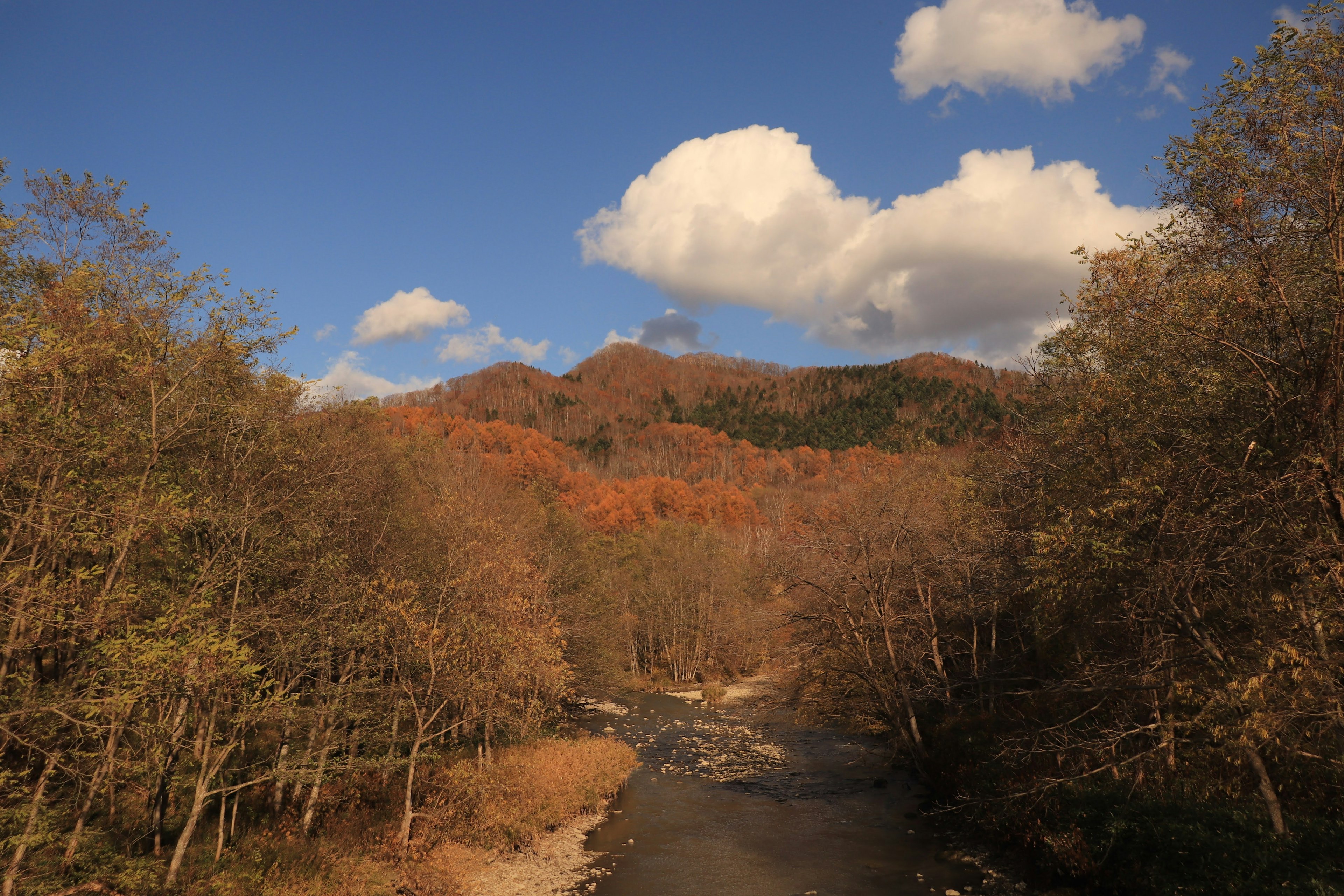 Scenic view of autumn mountains and river Blue sky with fluffy white clouds