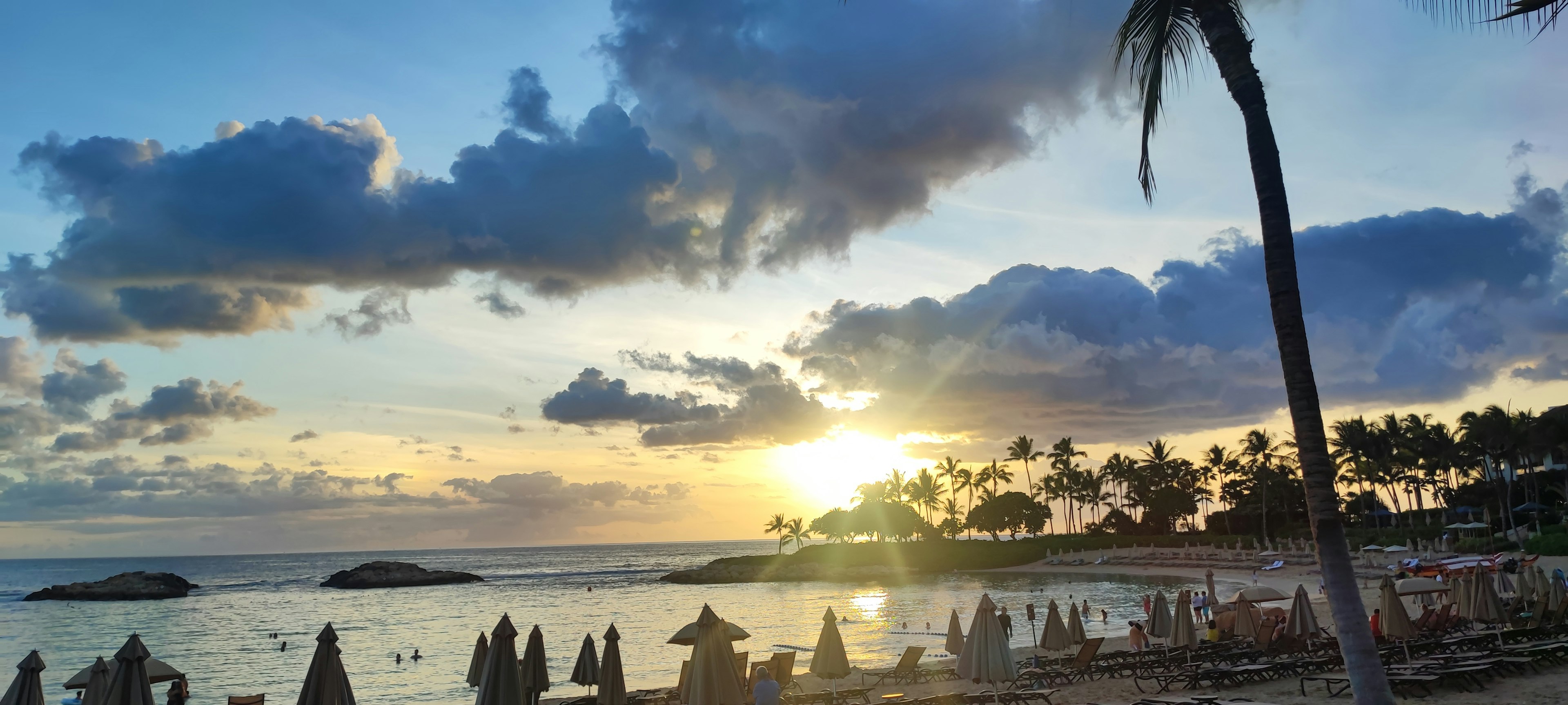 Schöner Sonnenuntergang am Strand mit Palmen und Ozean