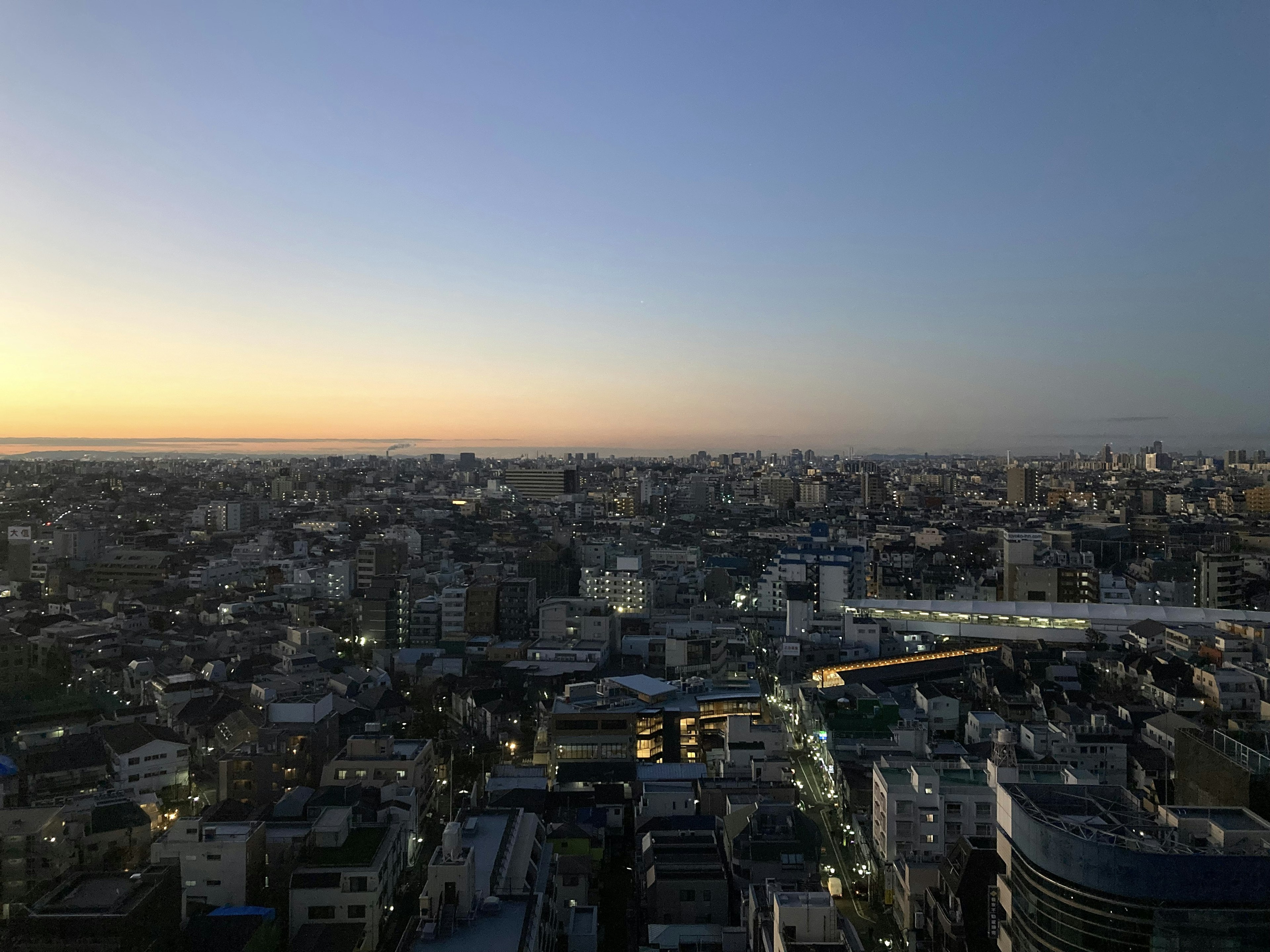 夕暮れ時の都市のパノラマ視点、多くの建物と穏やかな空の色合い