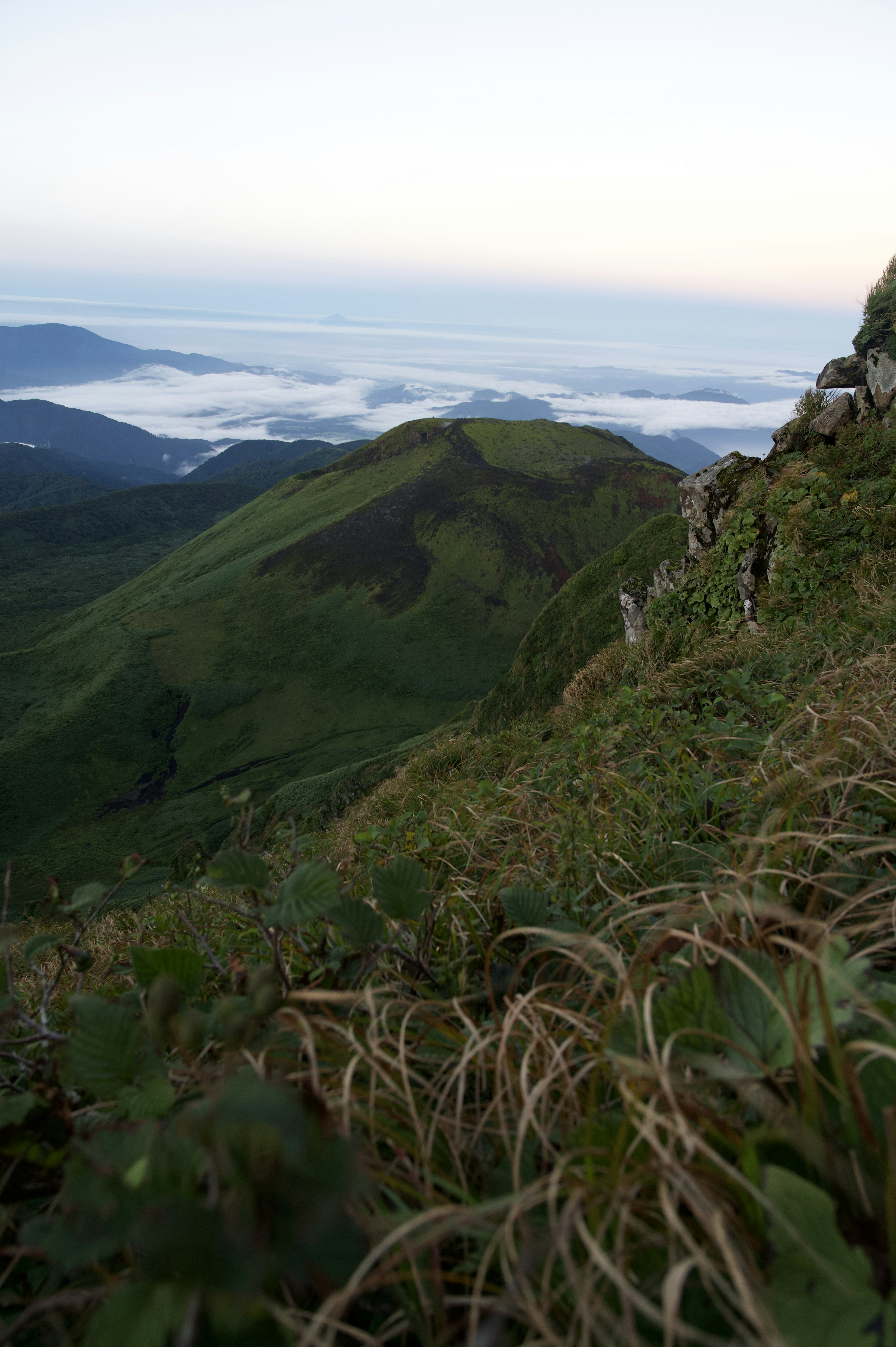 Paesaggio montano verdeggiante con un mare di nuvole