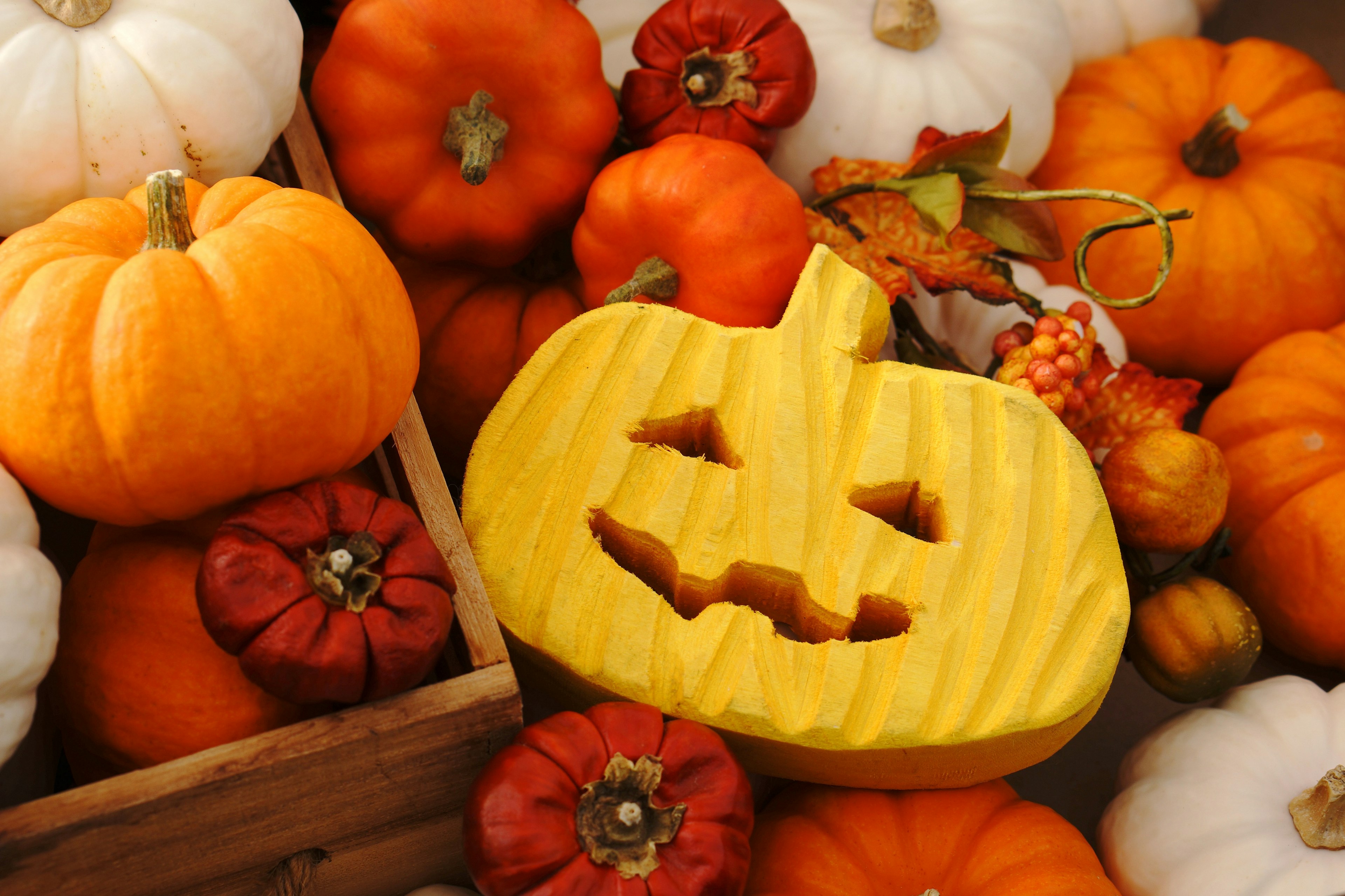 Colorful display of pumpkins featuring a carved yellow pumpkin with a smiling face