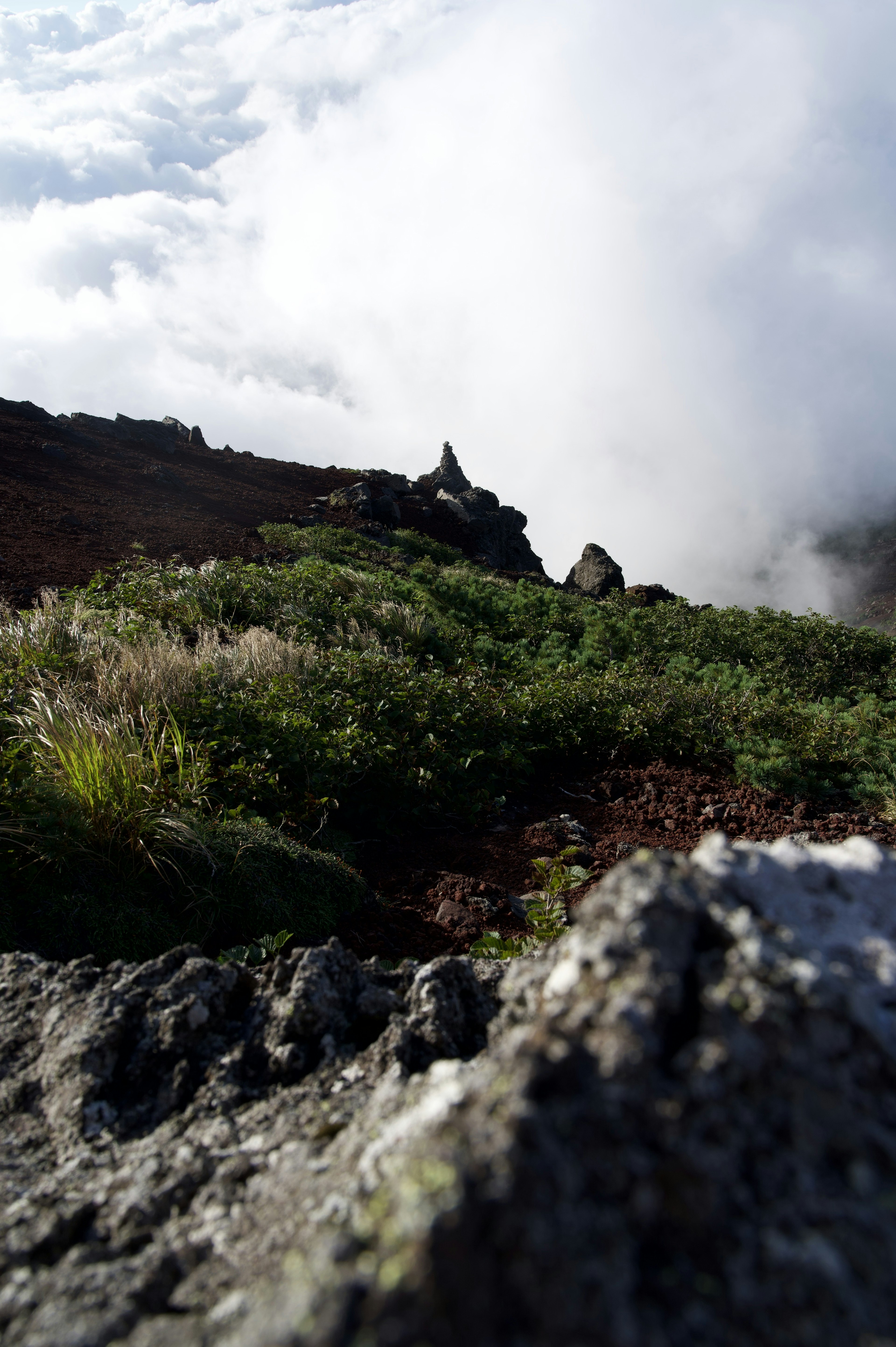 Pemandangan dari puncak gunung dengan rumput hijau dan latar depan berbatu dikelilingi awan