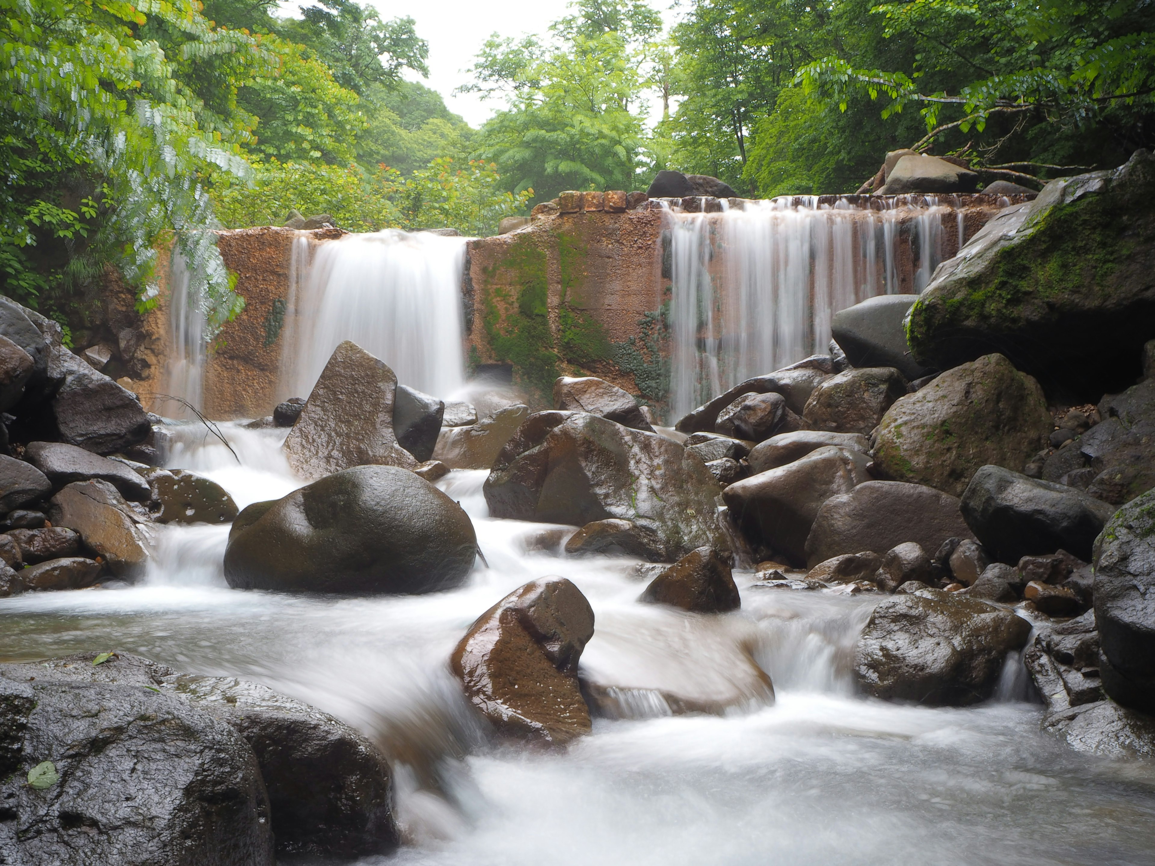 ทัศนียภาพที่สวยงามของน้ำตกที่ไหลลงมาบนก้อนหินในป่าเขียวขจี