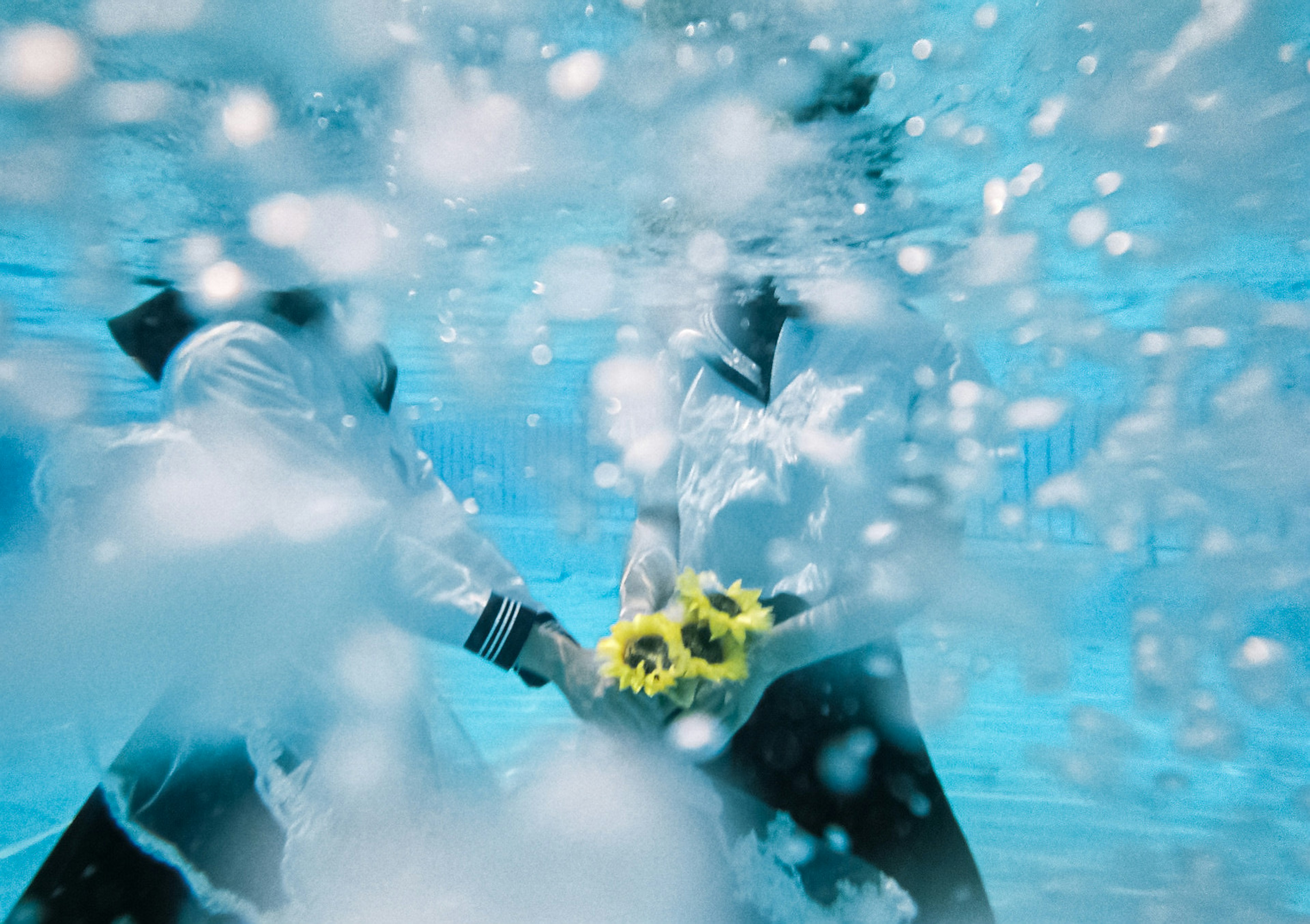 Two figures underwater holding hands and a sunflower