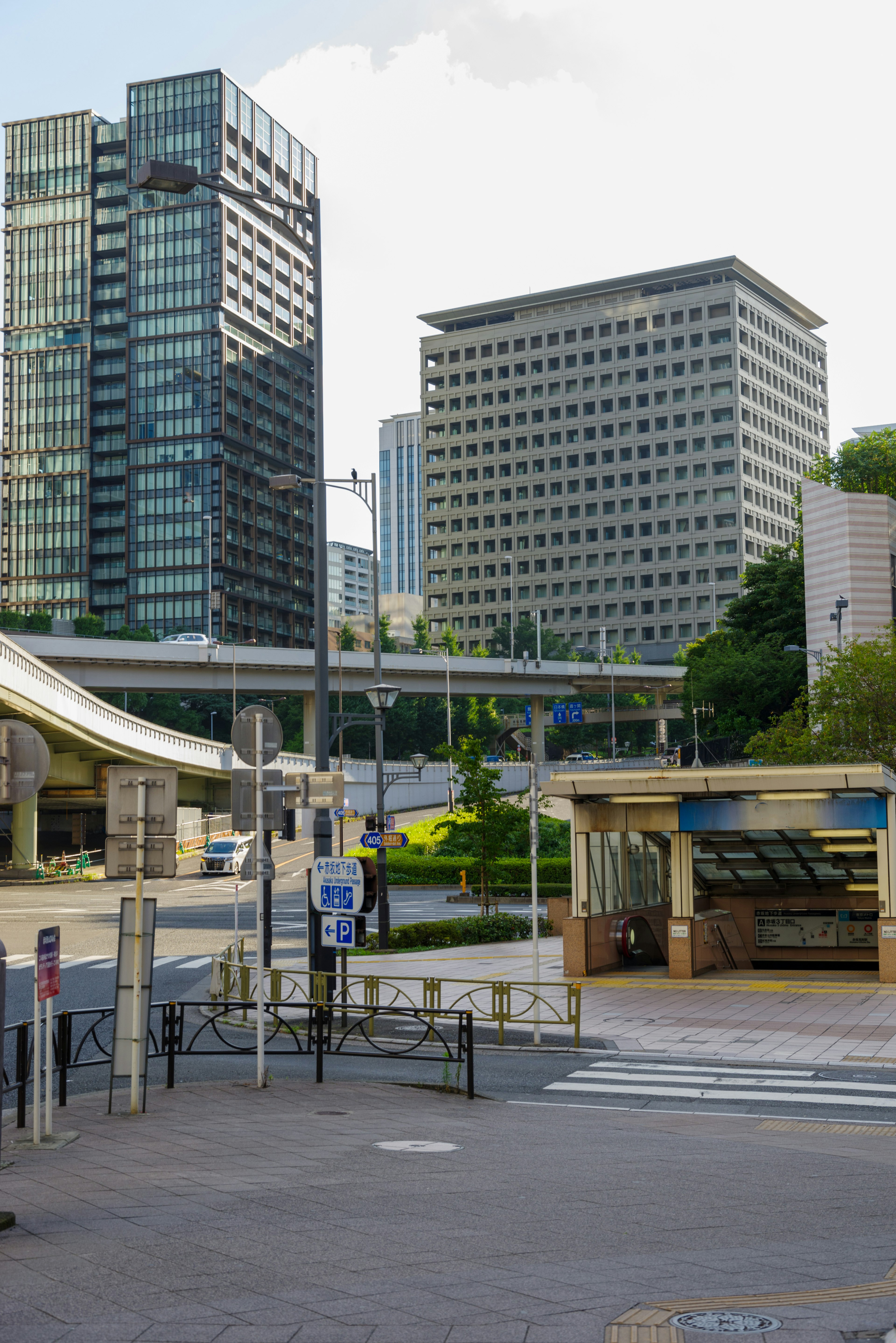 Urban landscape featuring modern buildings and a crosswalk