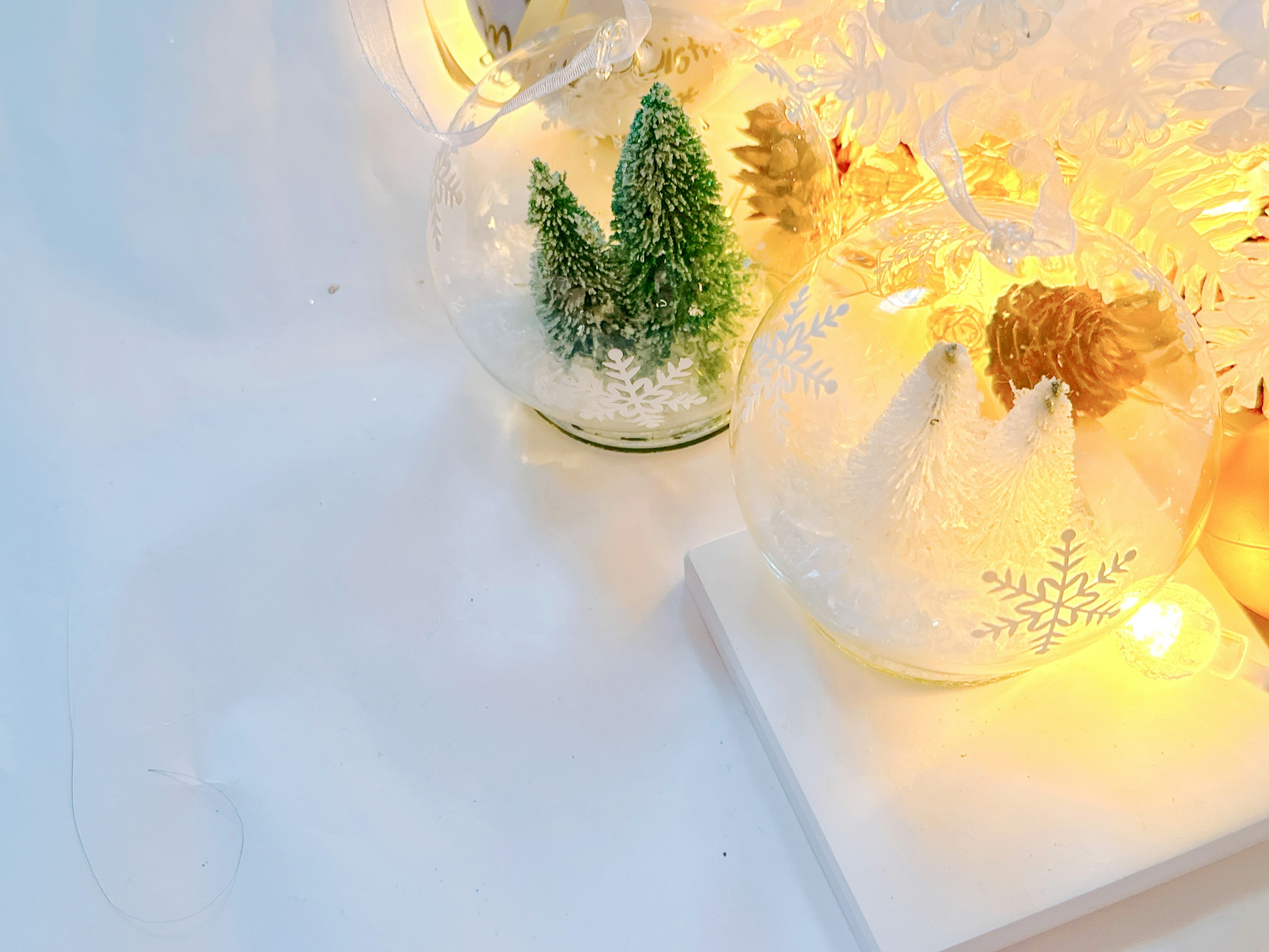 Winter display featuring small green trees and pine cones in glass ornaments