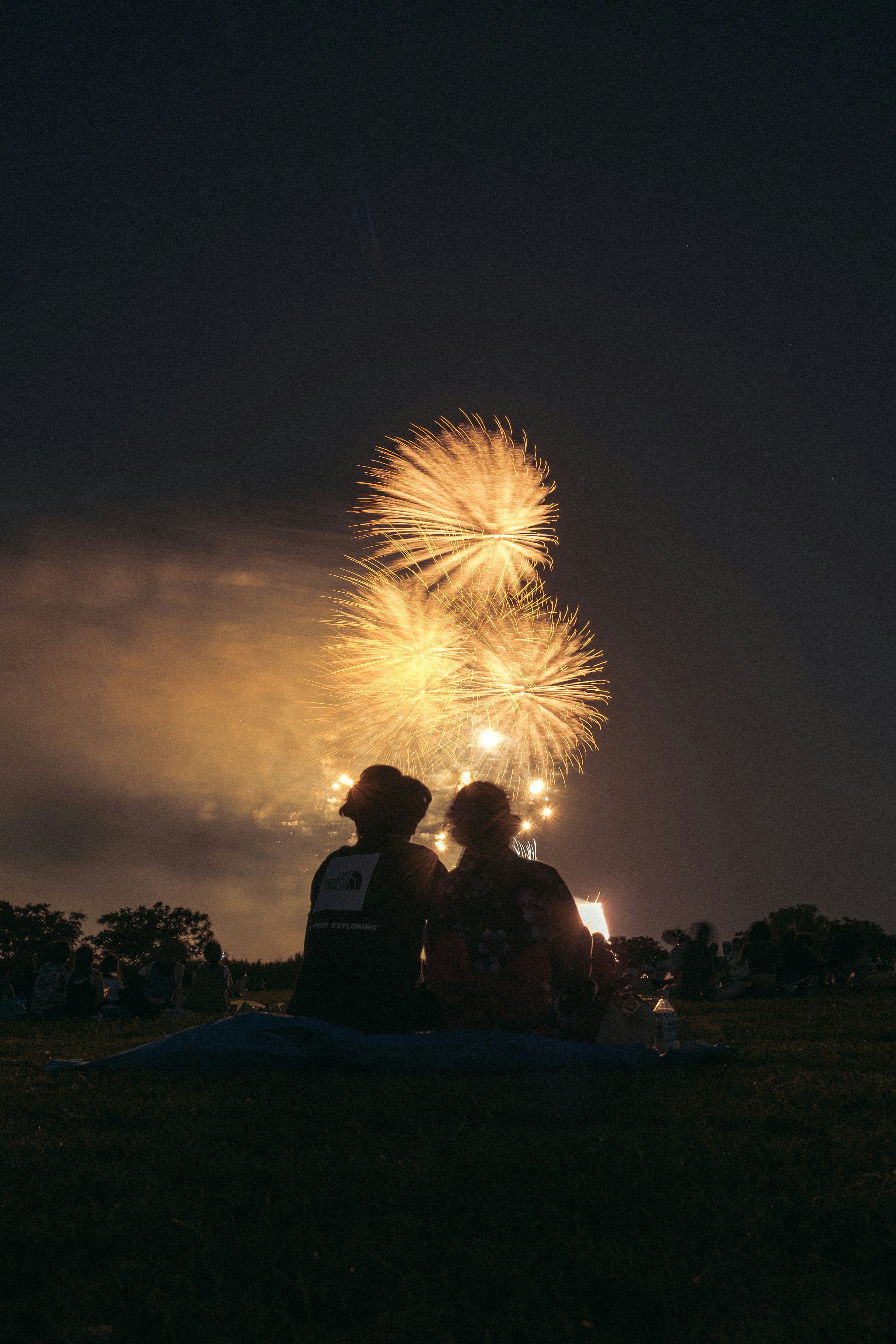 Silhouette di una coppia che guarda i fuochi d'artificio nel cielo notturno