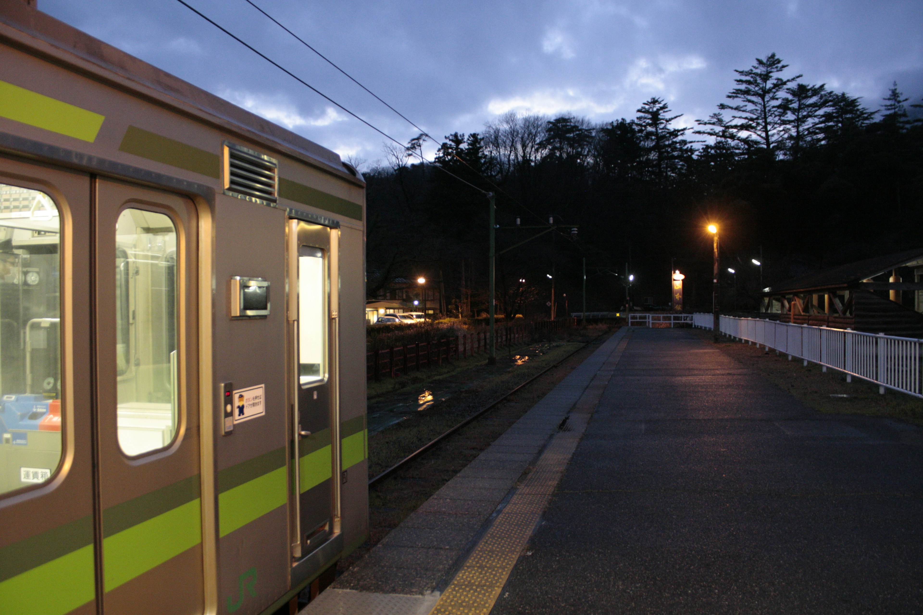 Train stopped at a quiet station during twilight