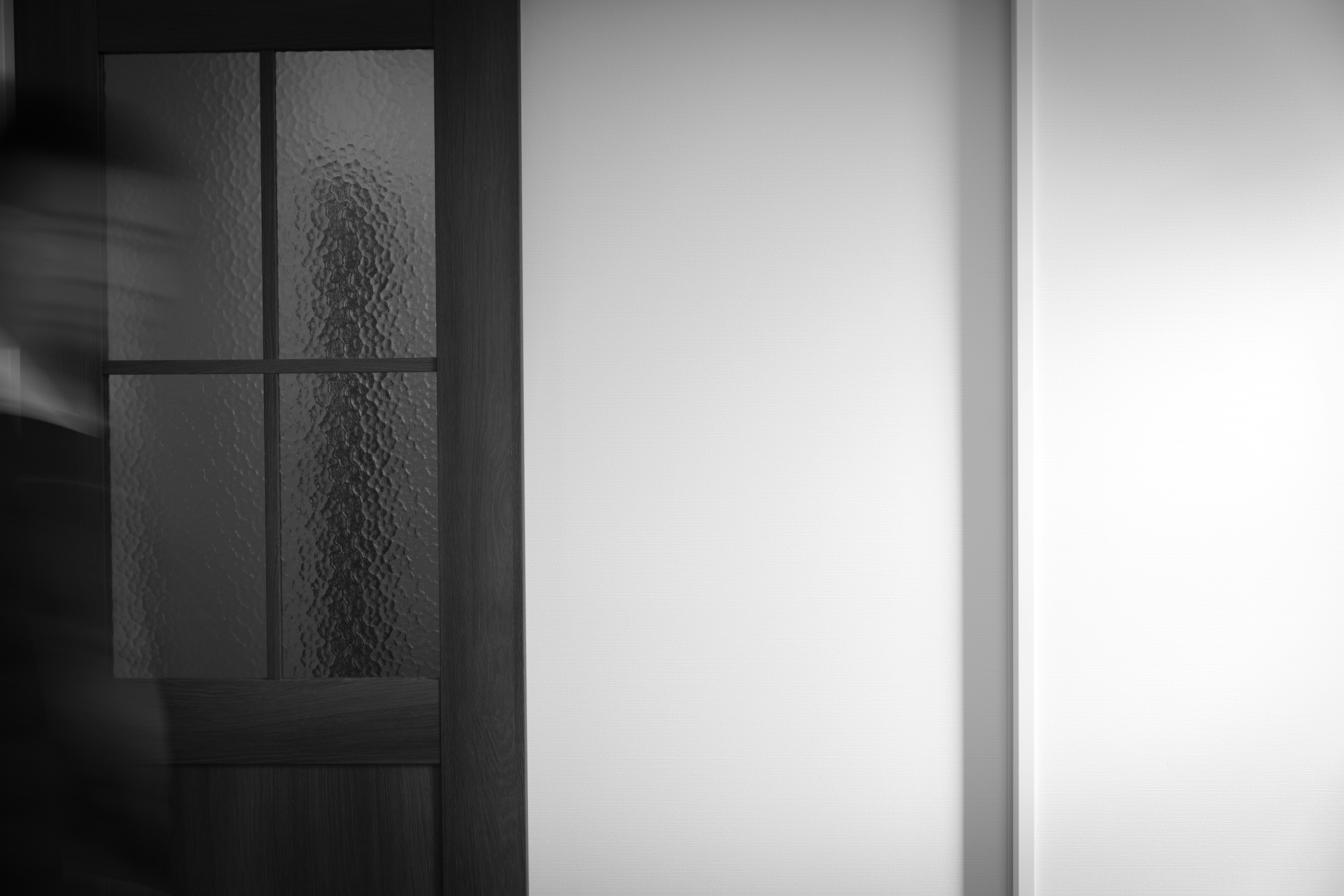 Black and white image featuring a door and wall with a blurred figure in motion