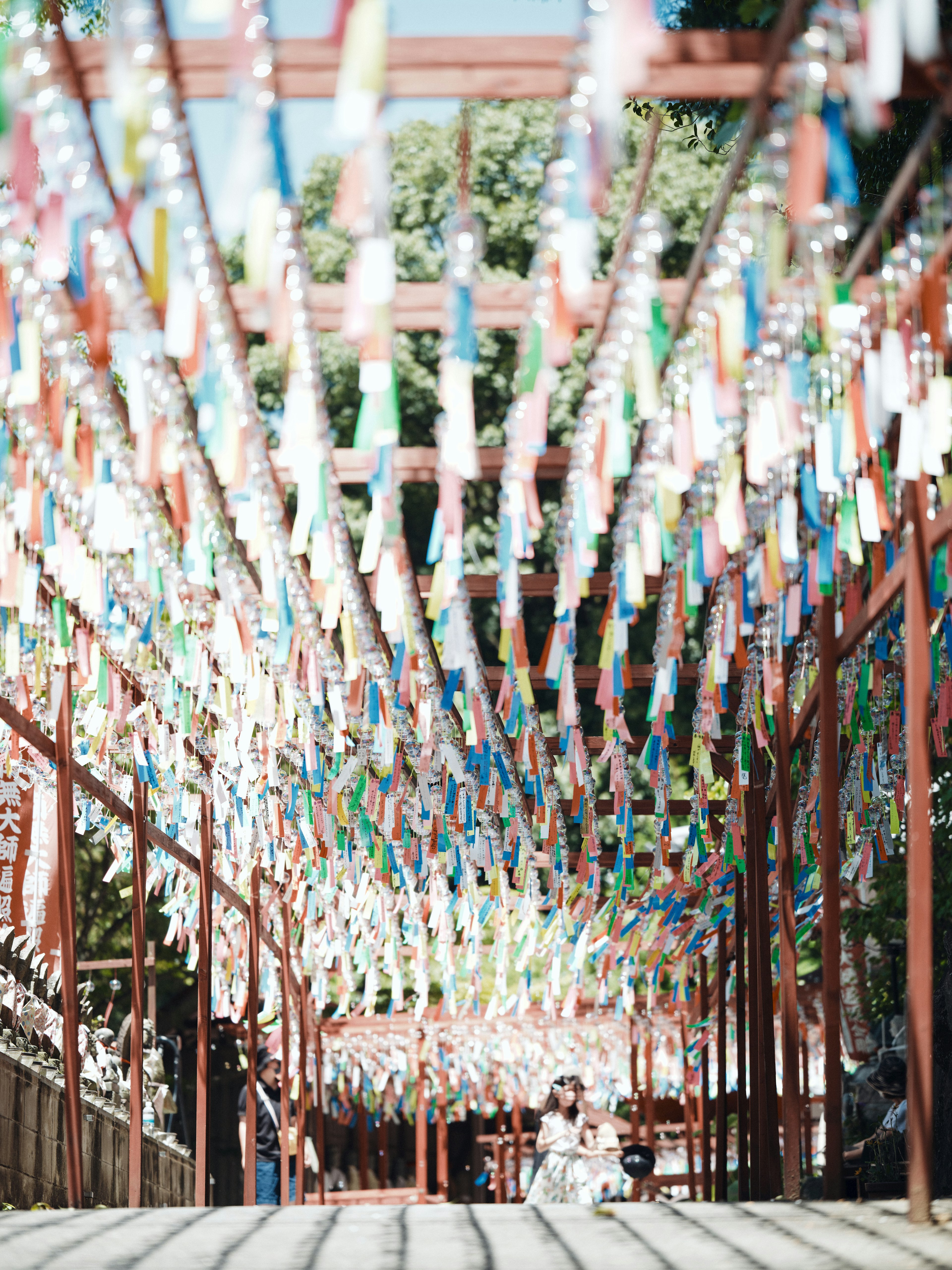 Un chemin décoré de drapeaux de prière colorés suspendus au-dessus