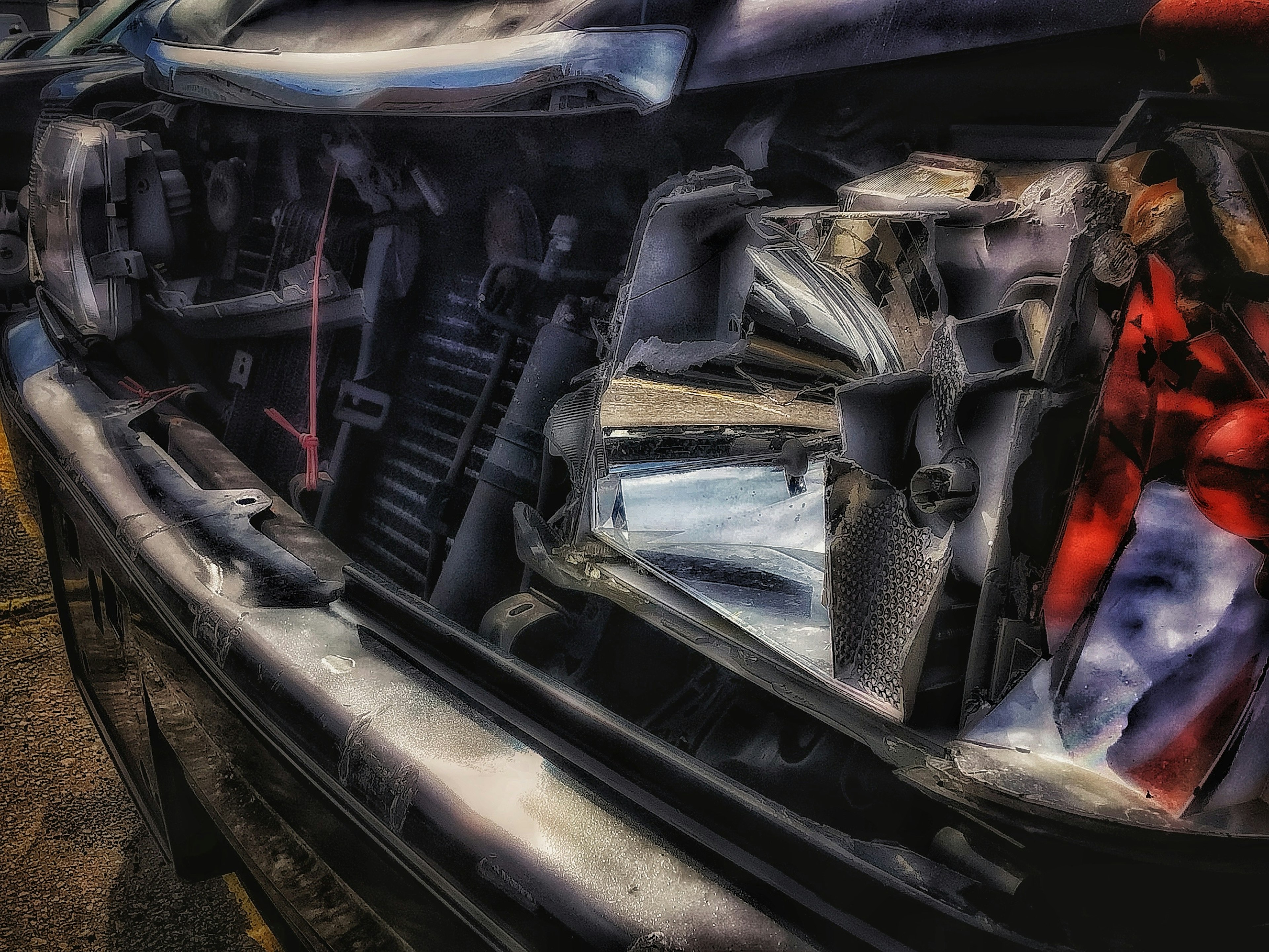 Close-up image of a car's rear featuring sharp headlights and intricate mechanics