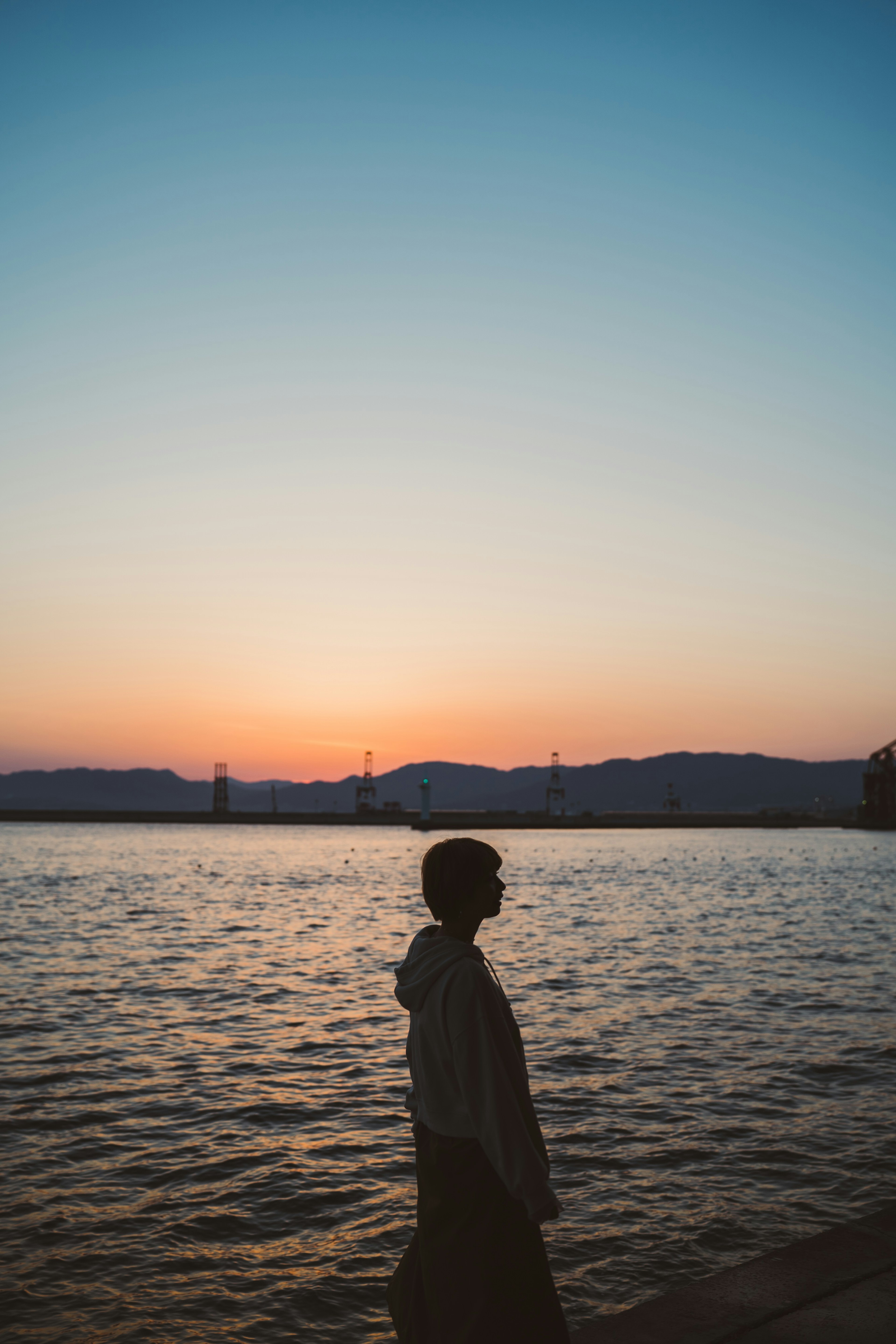 夕日を背にした人物が水辺に立っているシルエット