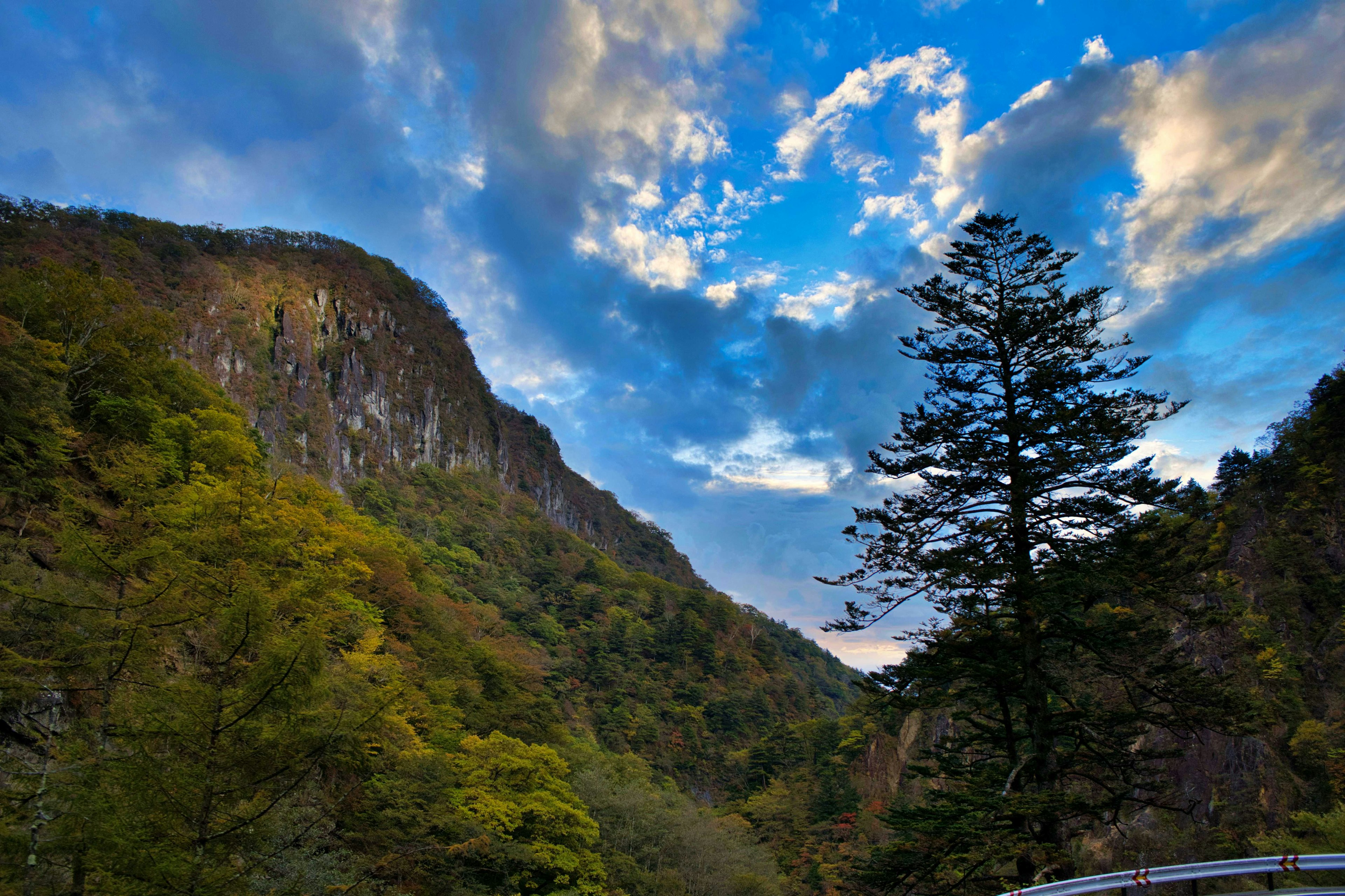 青空と雲が広がる山岳風景に色づいた木々が点在する