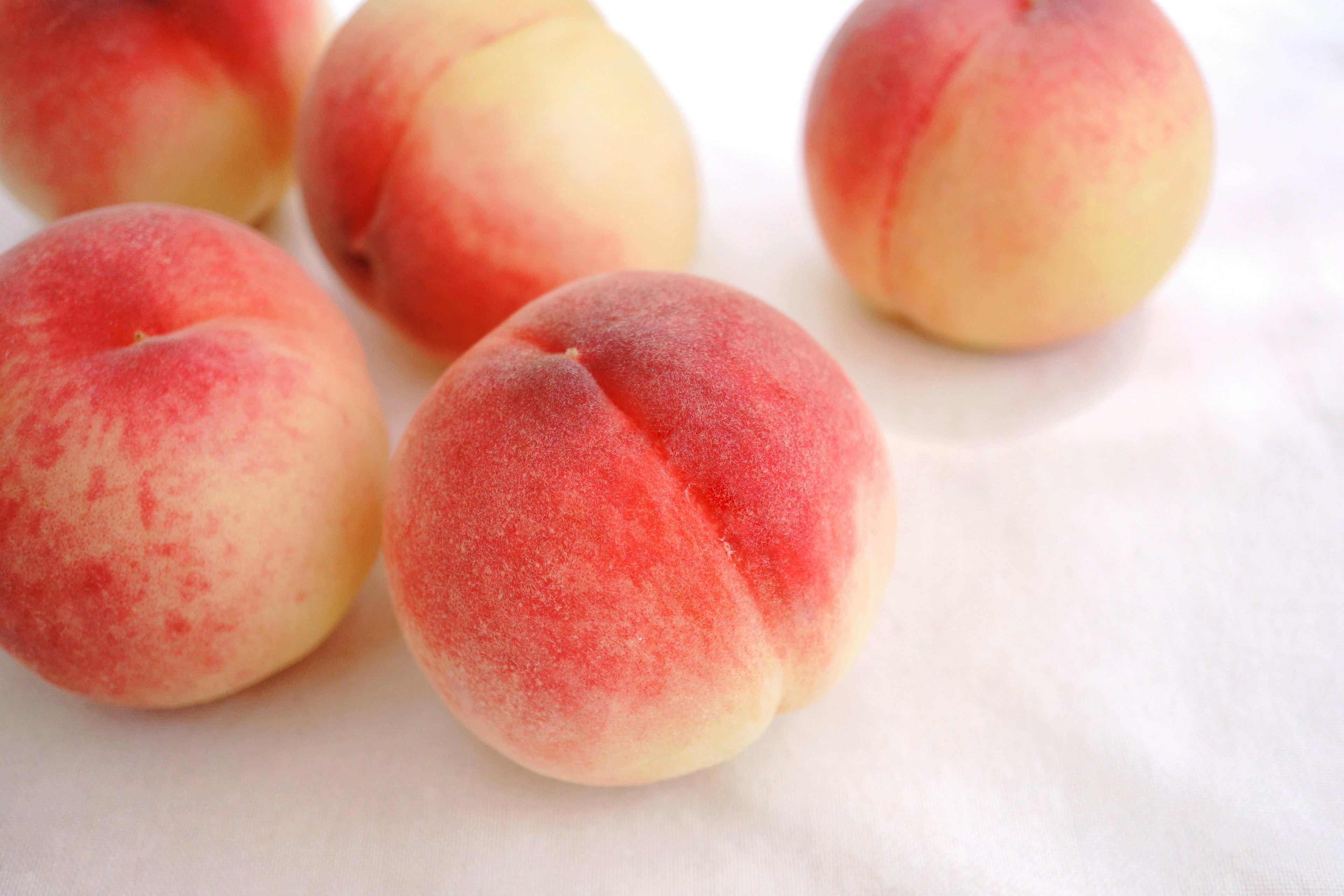 Fresh peaches with red and yellow hues on a white cloth