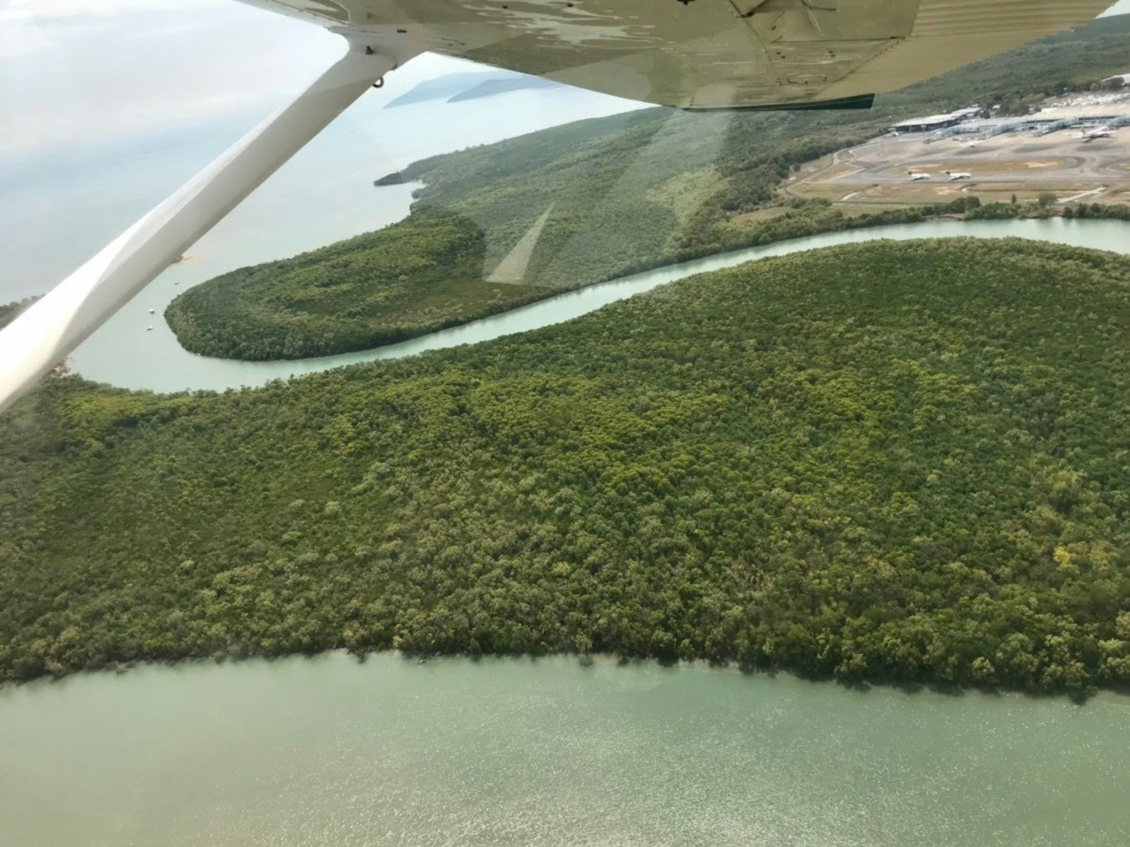 Aerial view of winding river surrounded by lush green forest