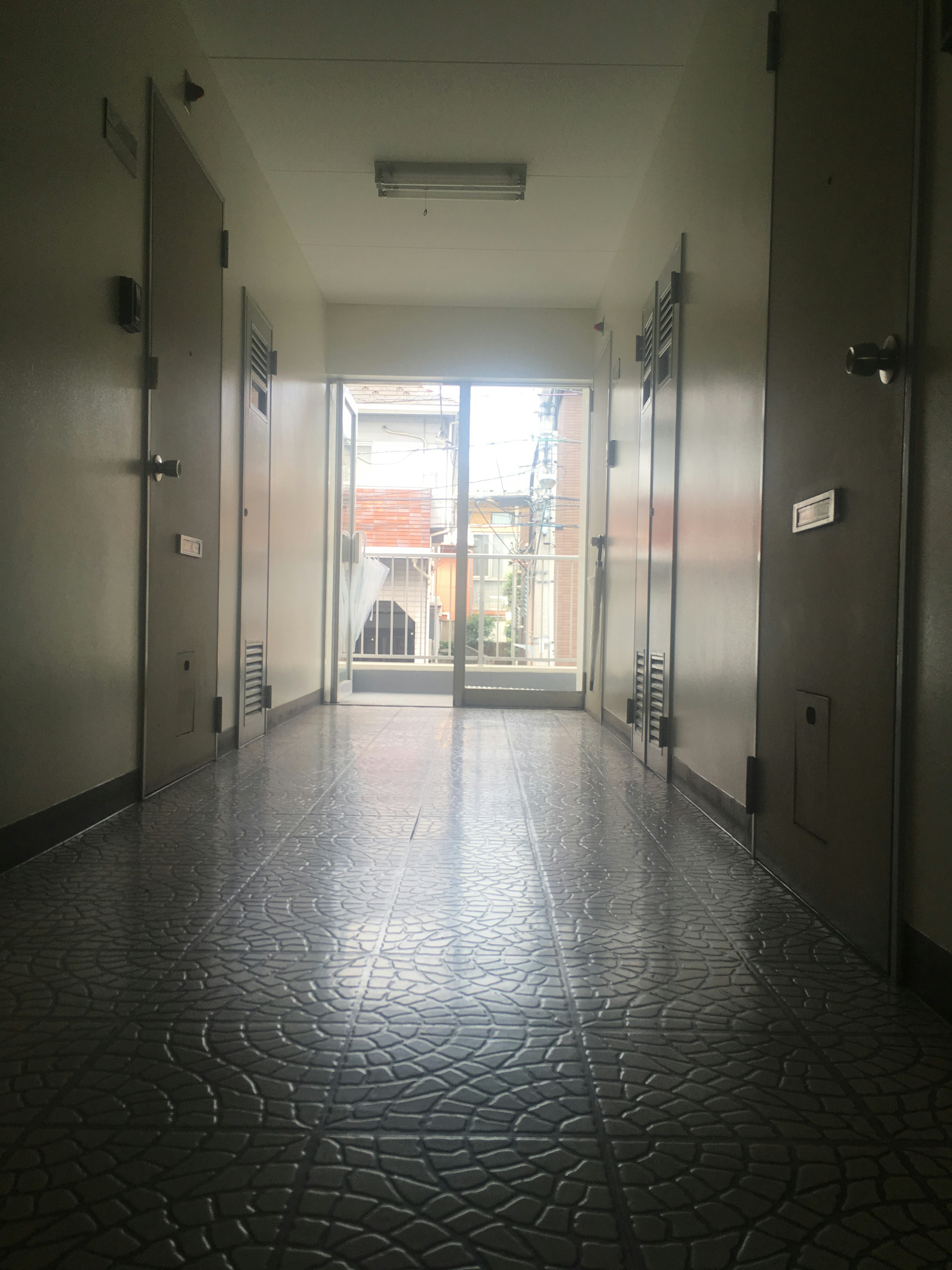 Photo of a hallway with doors on both sides and light coming through a window