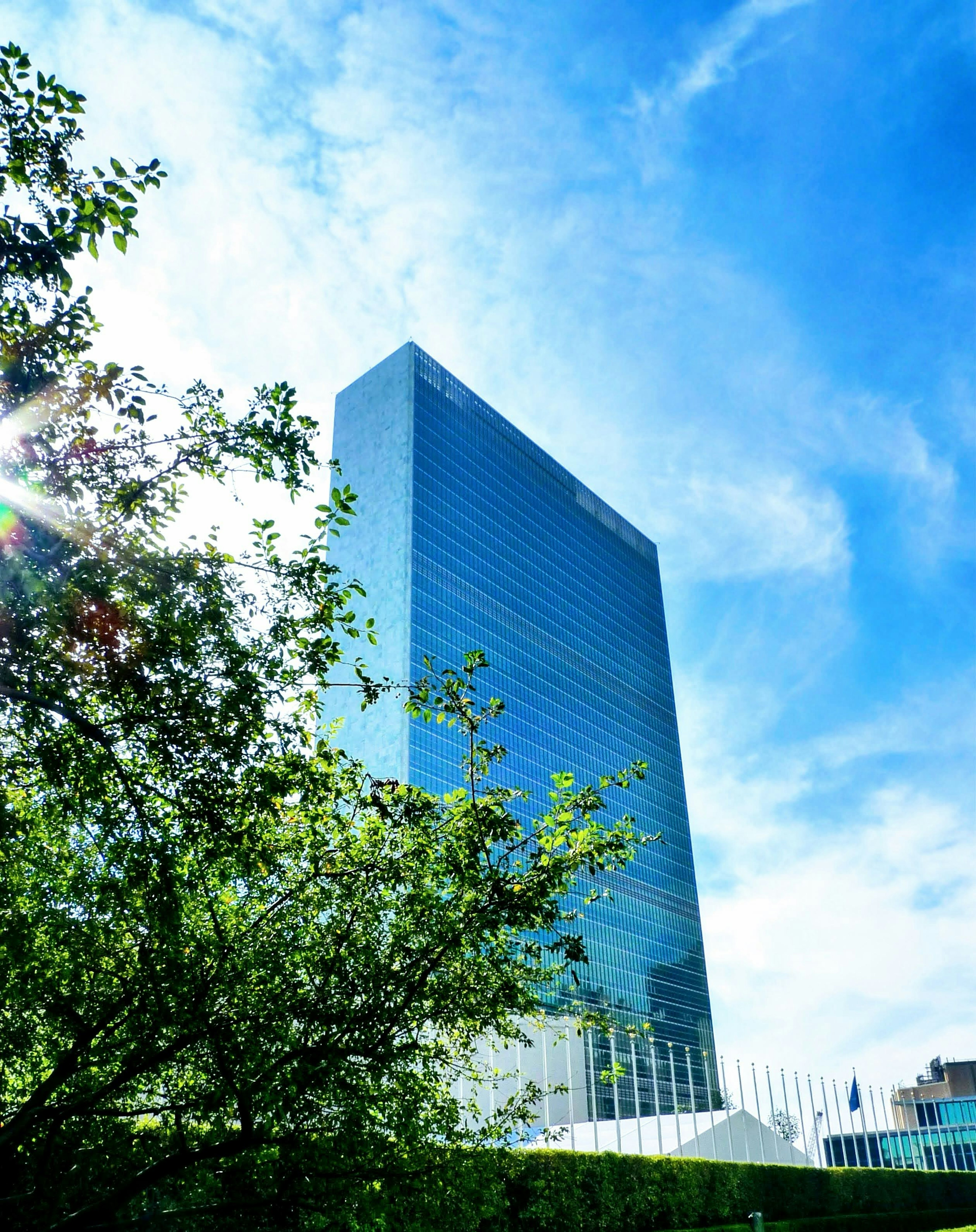 UN building towering against a bright blue sky with greenery in the foreground