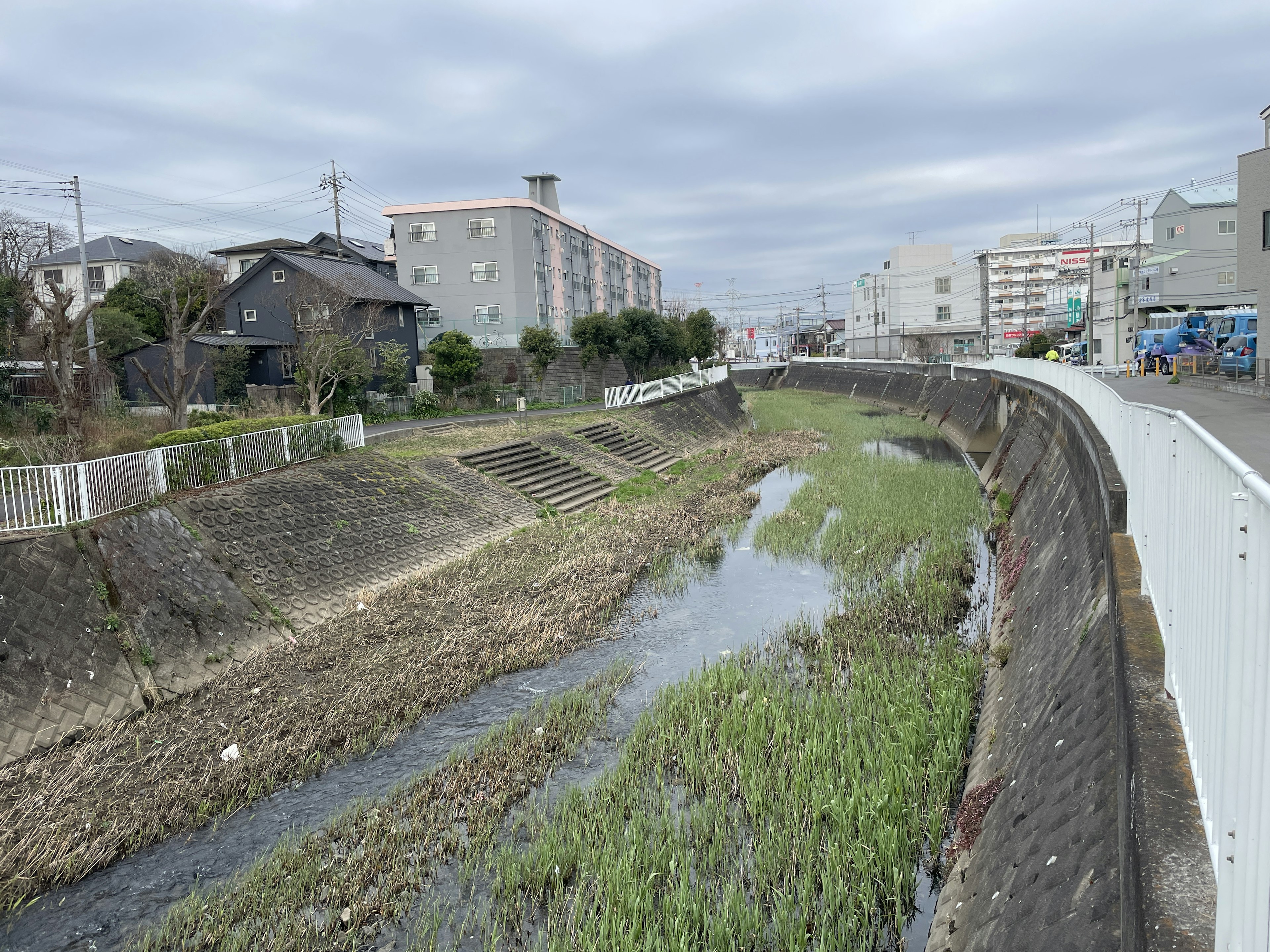 A view of a river with green grass and surrounding buildings