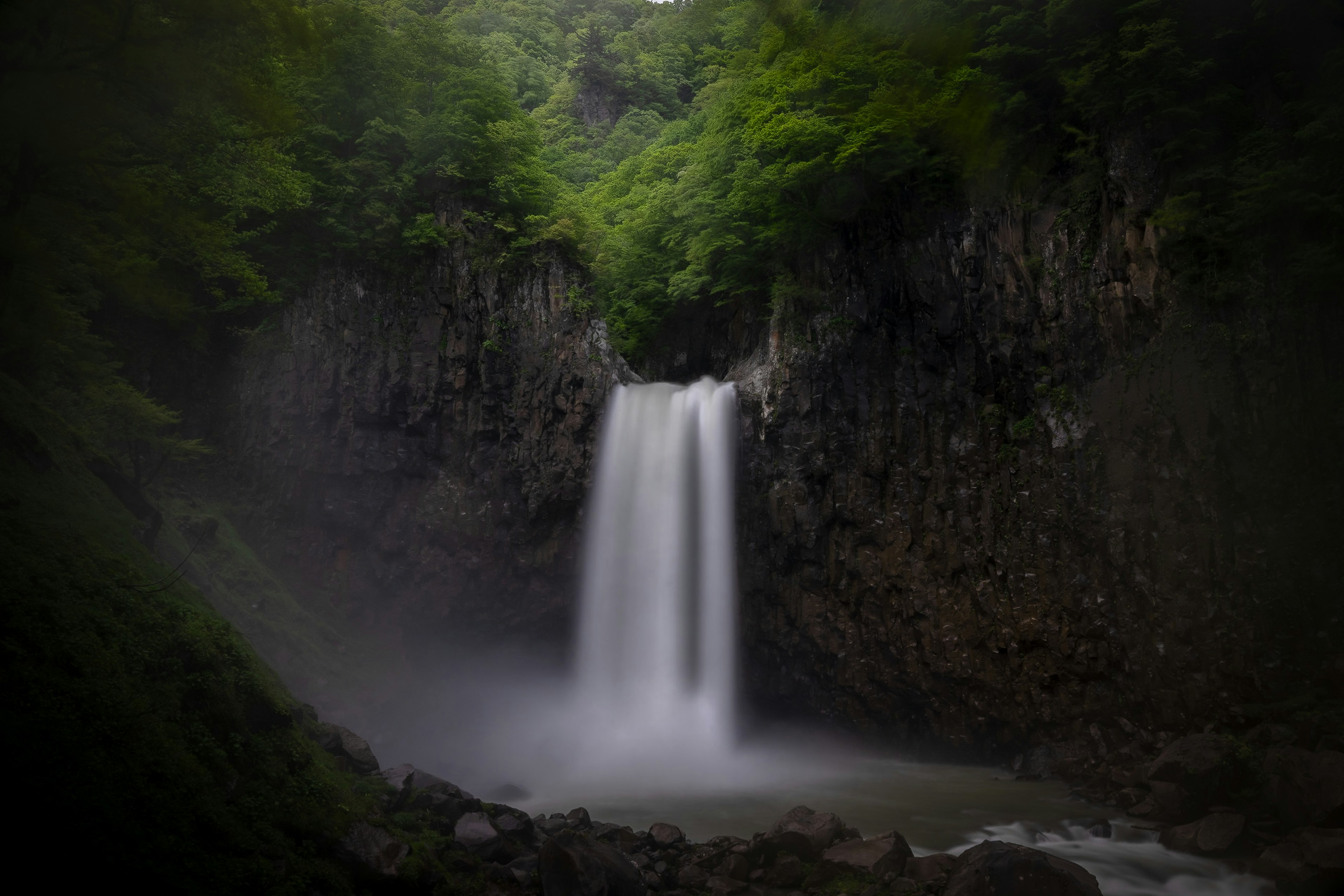 緑に囲まれた滝が流れる美しい風景