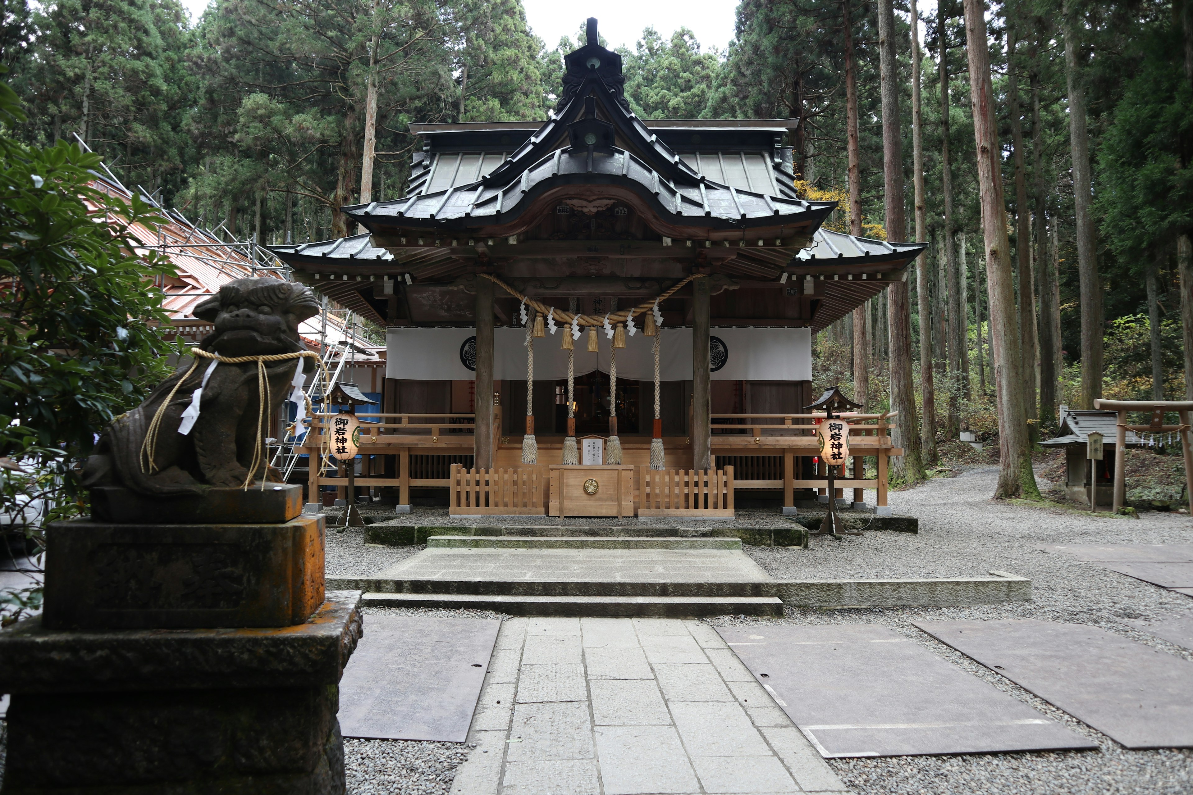 宁静森林中的传统神社建筑和石像