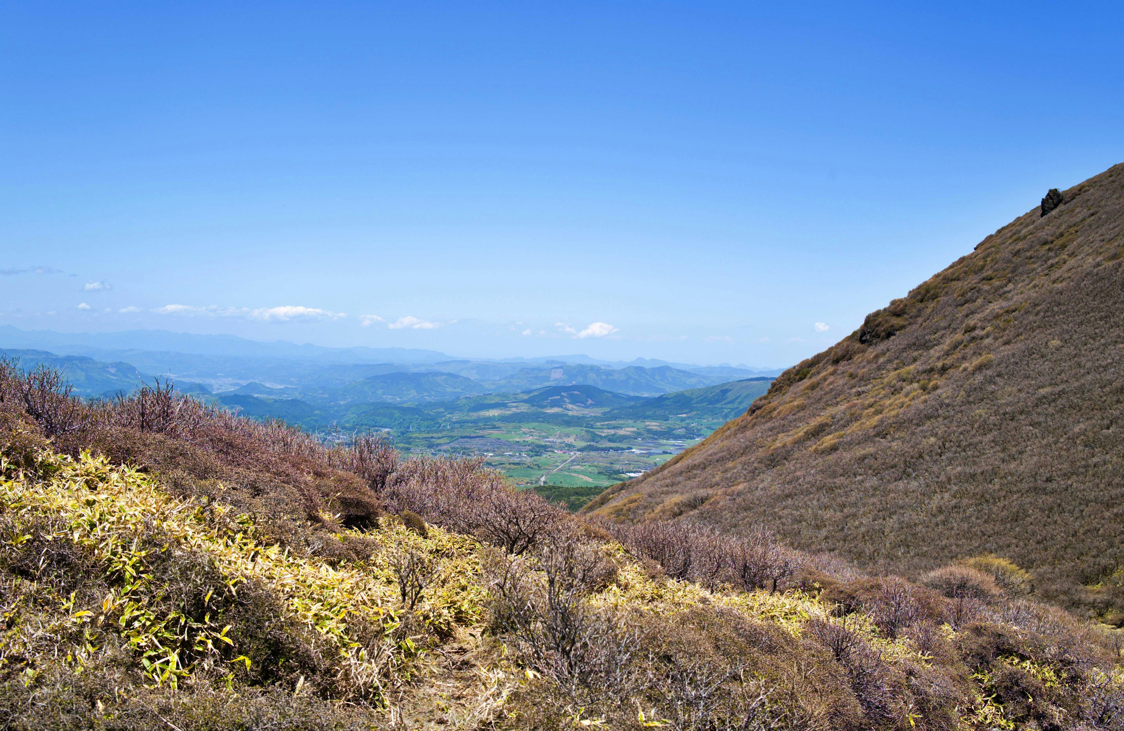 Vue pittoresque d'une pente de montagne avec une verdure vibrante sous un ciel bleu clair