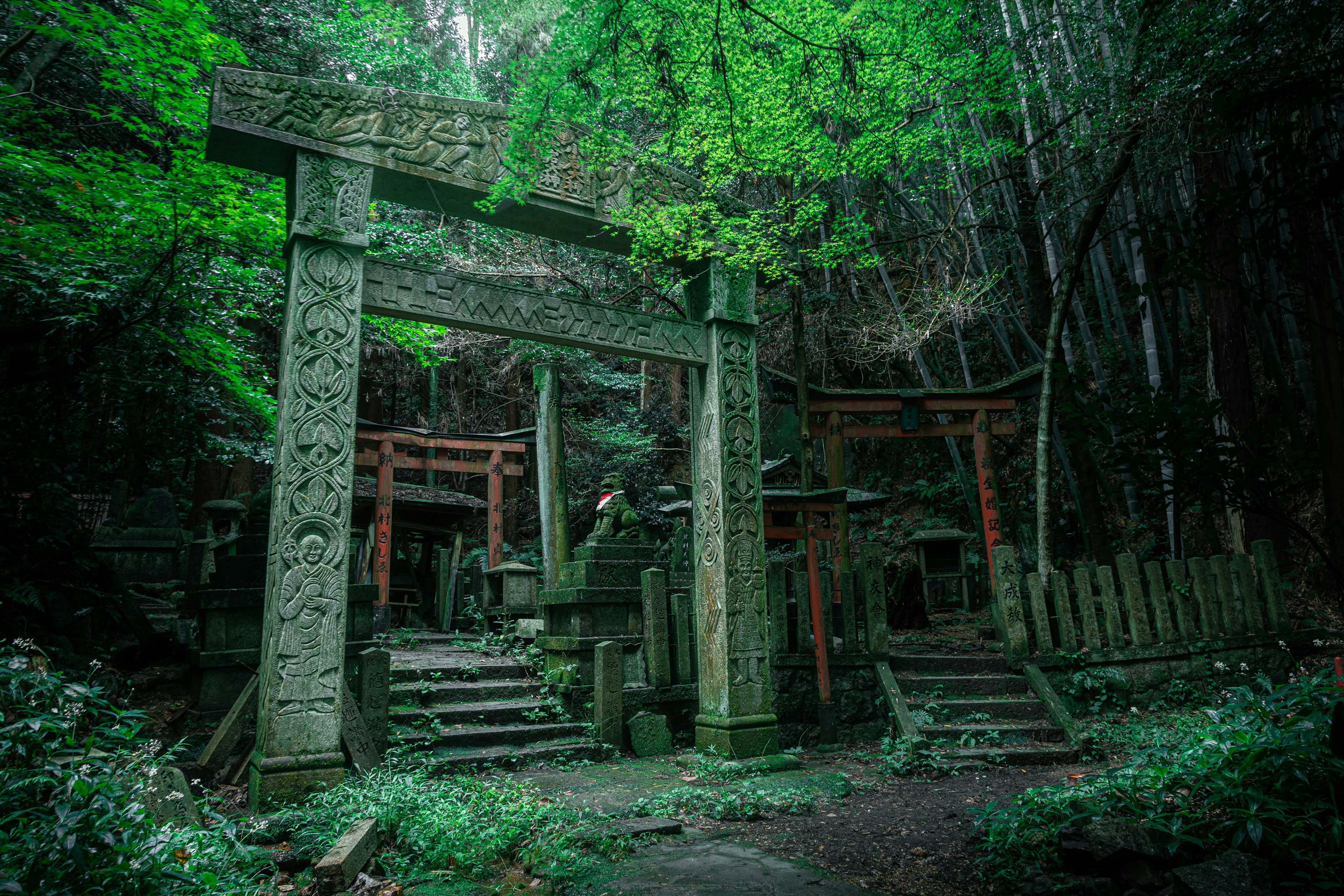 Ruines d'un ancien sanctuaire entouré de verdure avec un torii en pierre et des escaliers