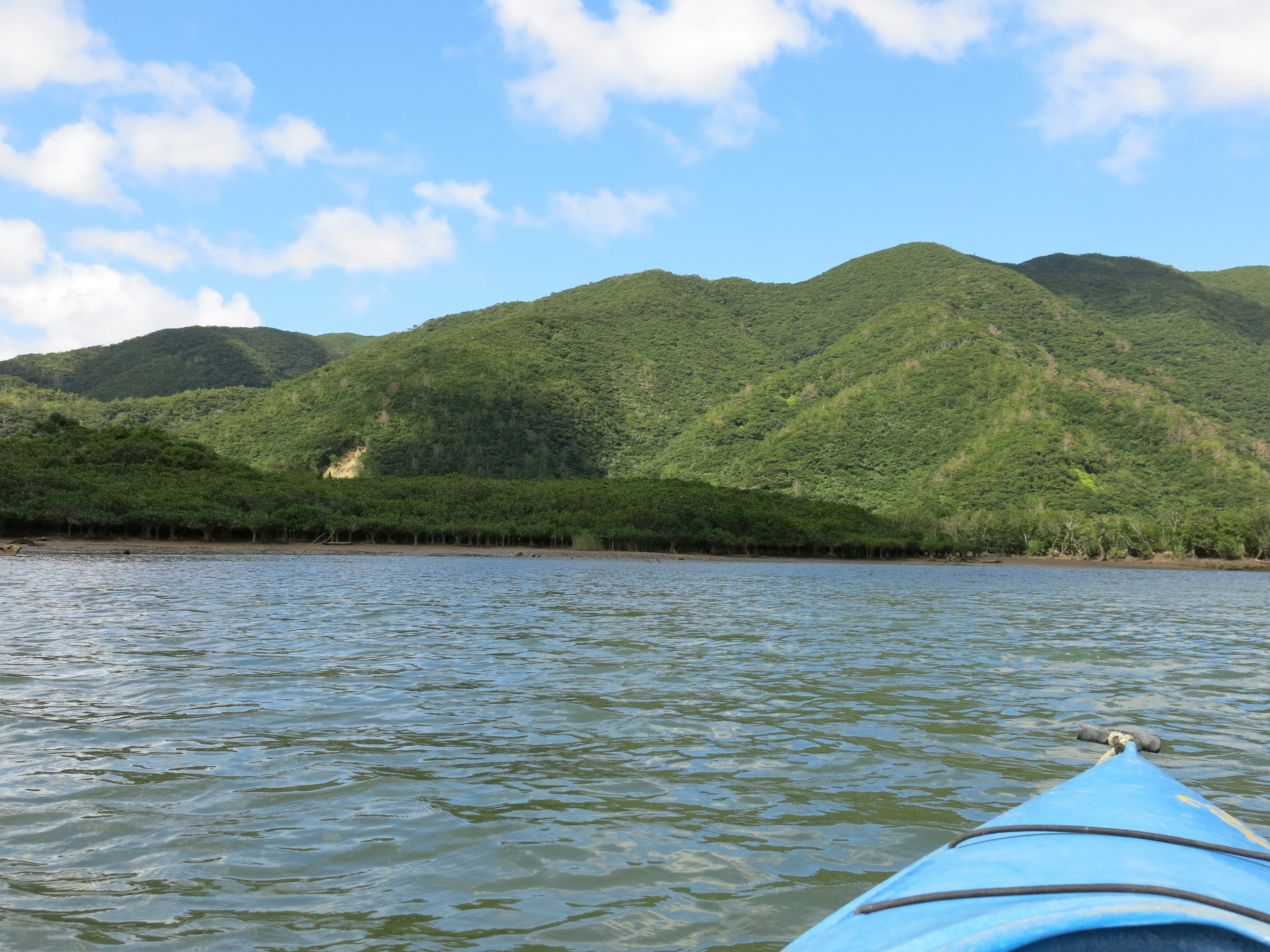 Pemandangan dari kayak biru di atas air tenang dengan pegunungan hijau di latar belakang