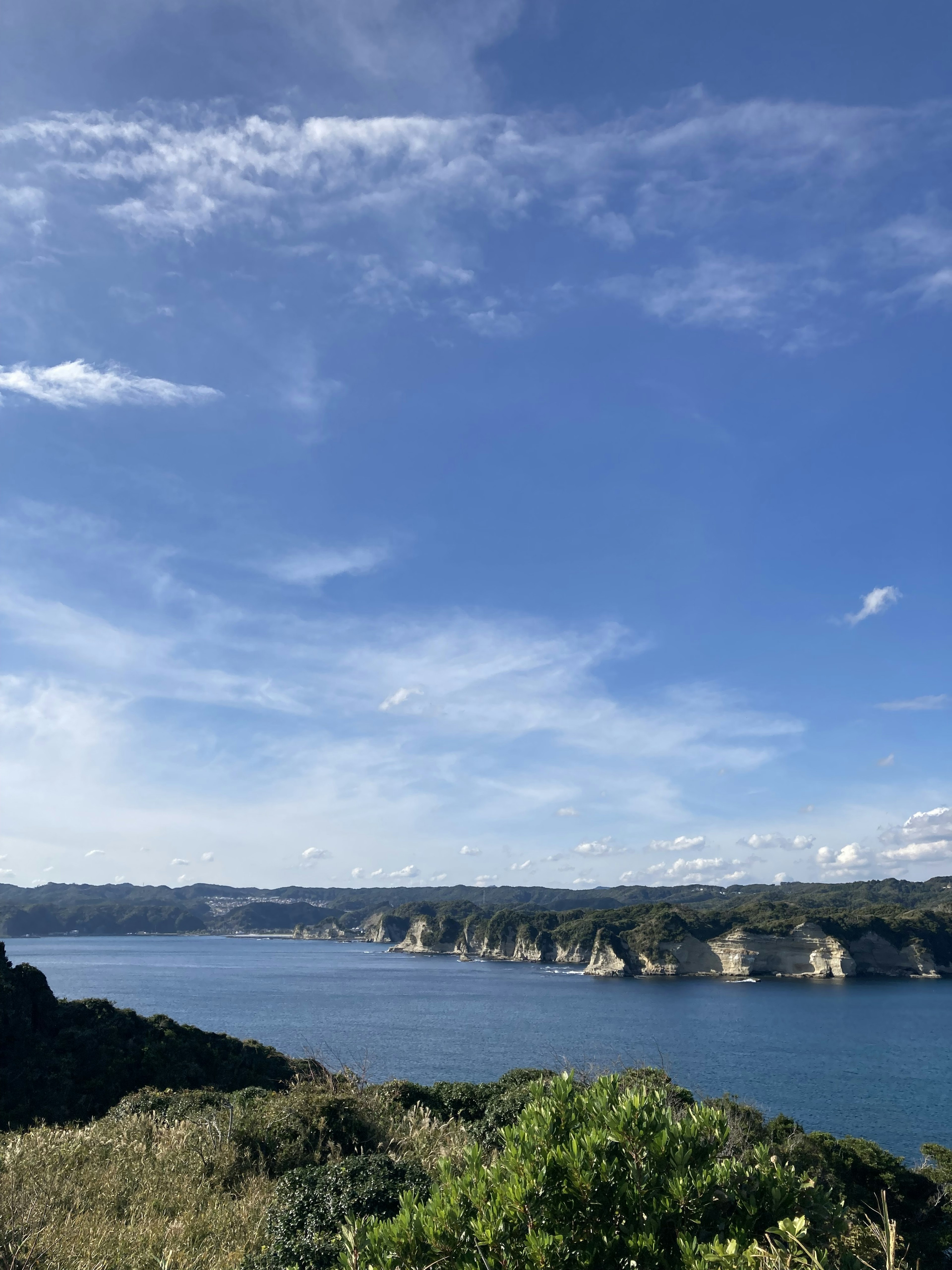 Scenic view of blue sky and ocean cliffs with greenery