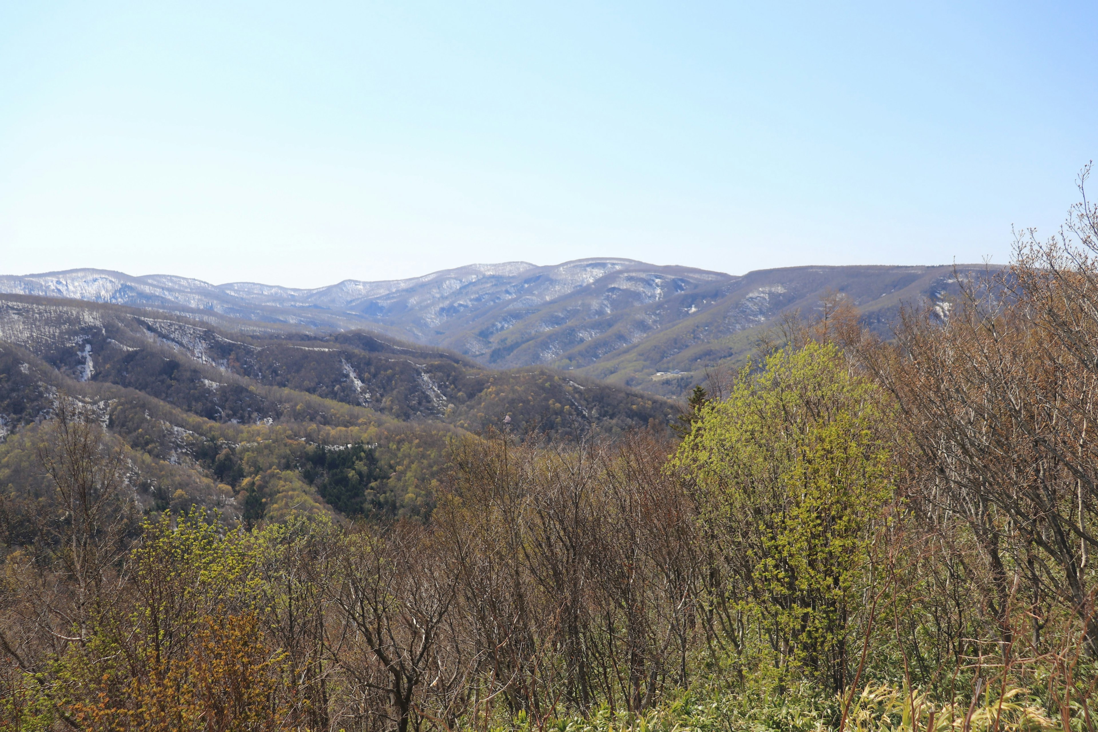 青空の下に広がる山々と緑の木々の風景