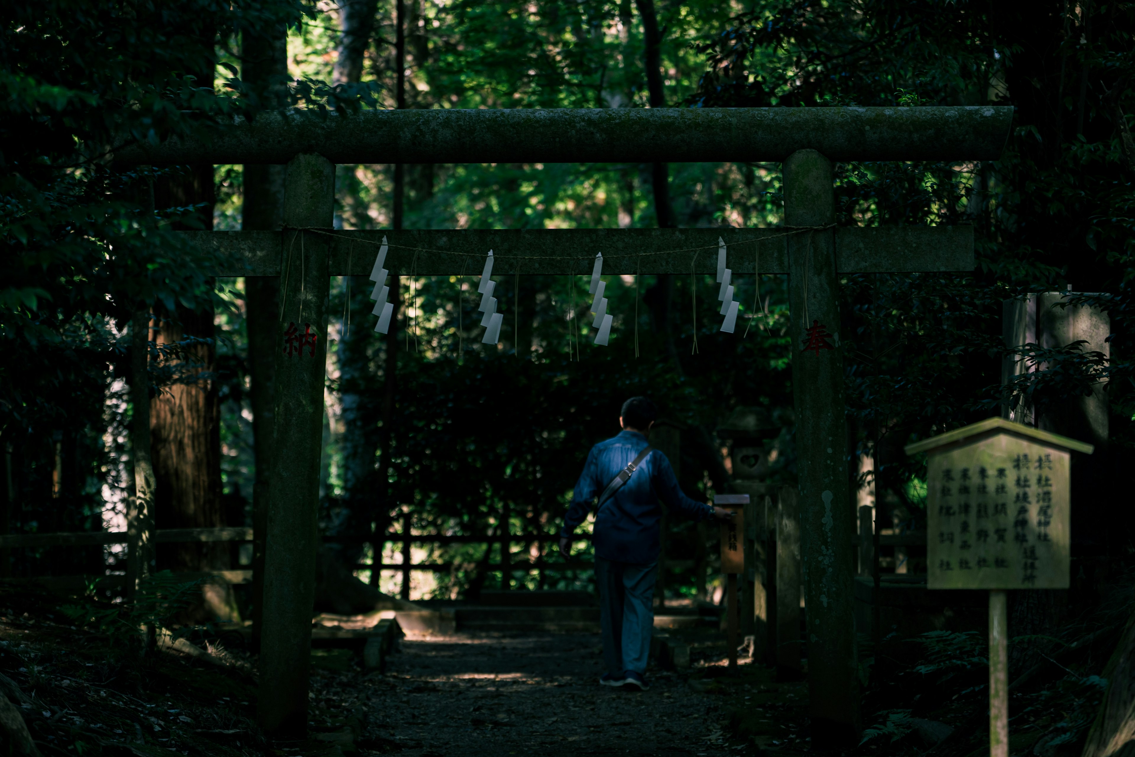 A person in a blue outfit standing before a torii gate and a sign in a lush green forest