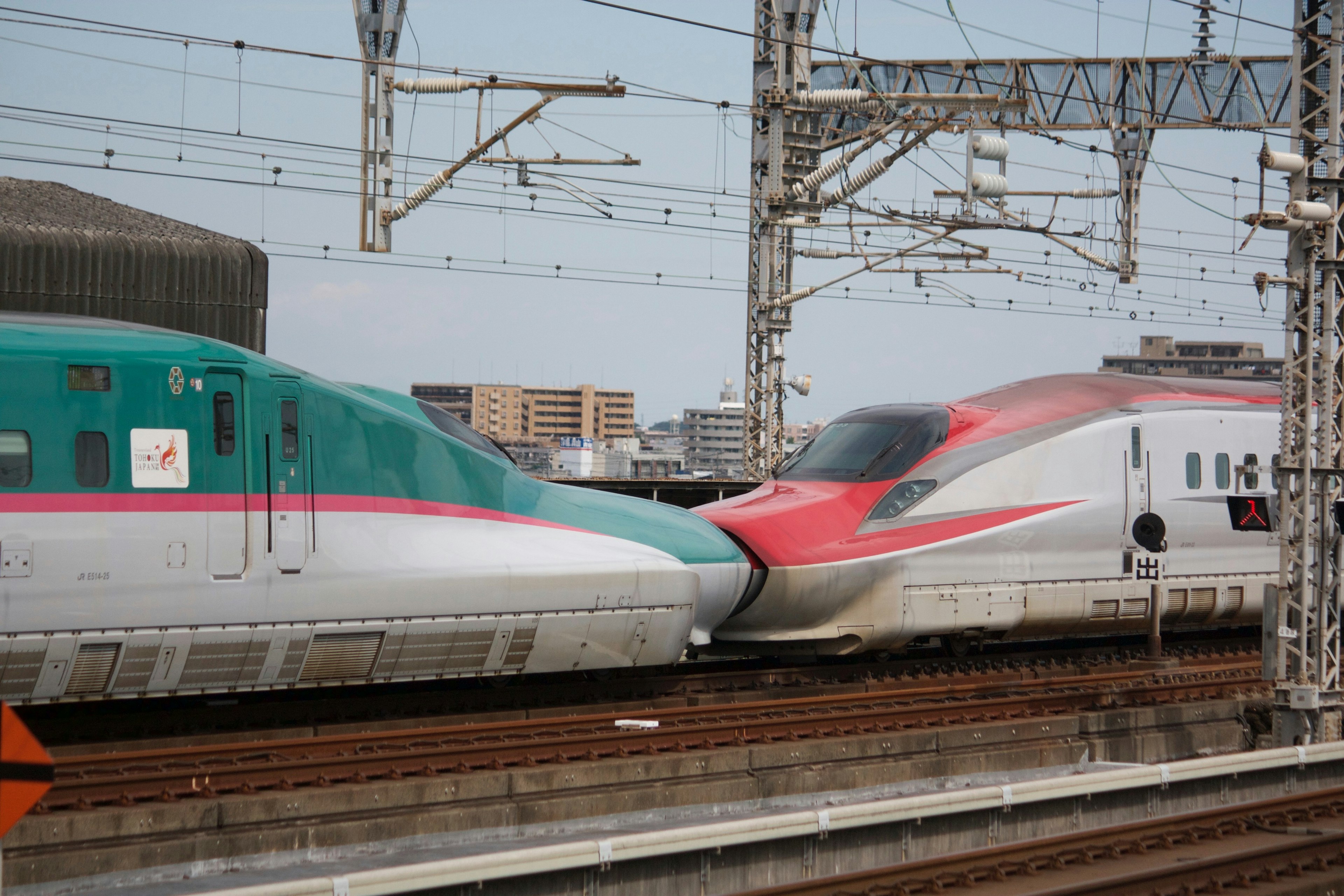 Zwei Shinkansen-Züge berühren sich an einem Bahnhof