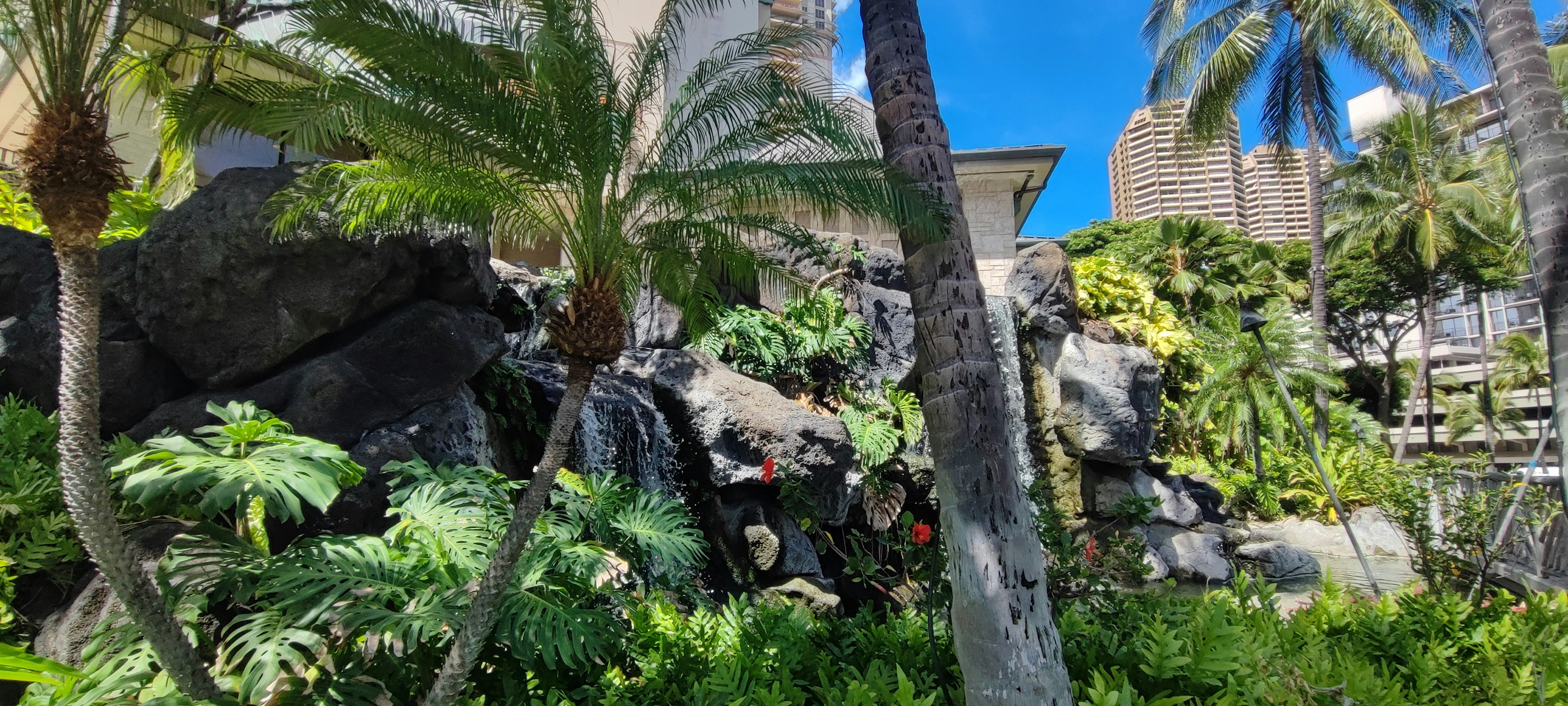 Vista panoramica di una cascata circondata da vegetazione lussureggiante e palme sotto un cielo blu