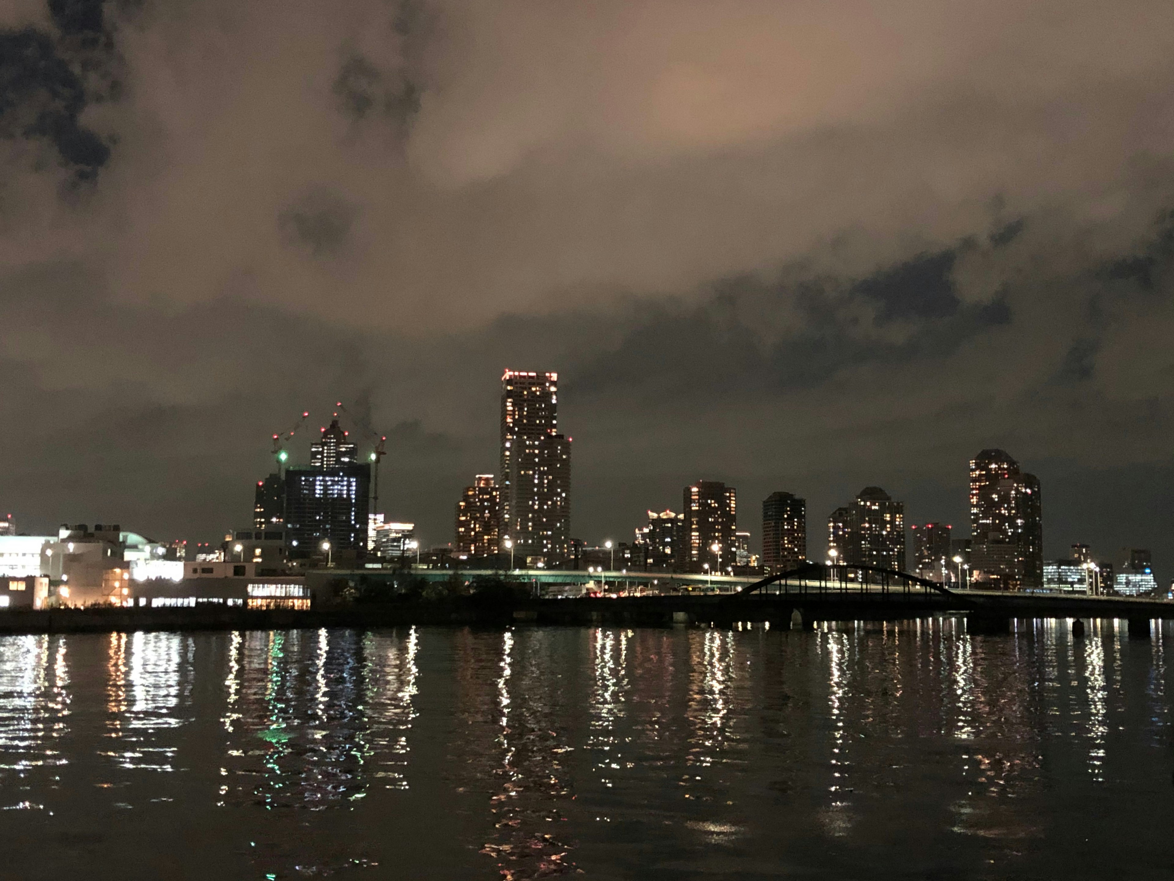 Silhouette de la ciudad nocturna con reflejos en el agua