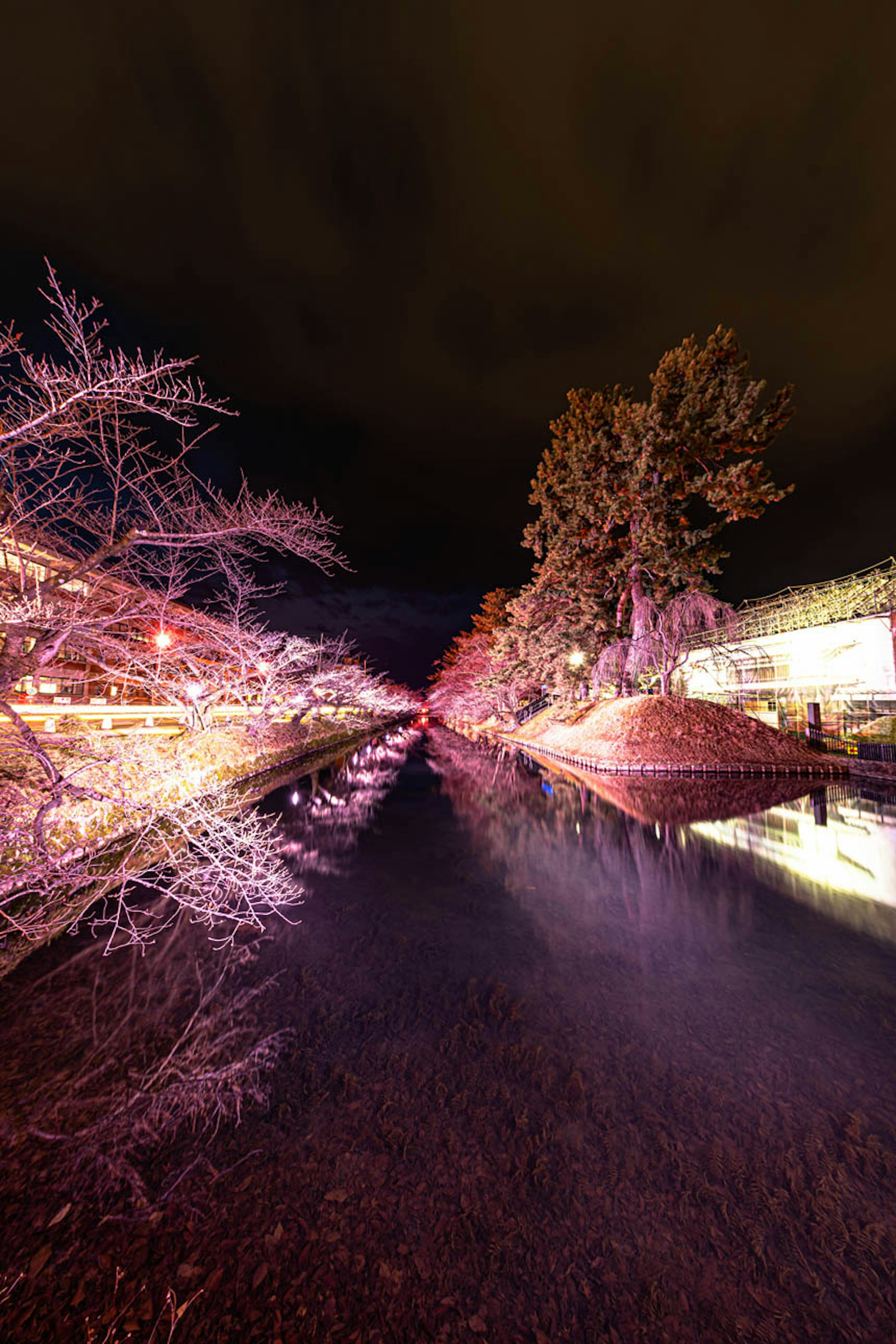 夜间河流的梦幻景观，沿岸有照亮的树木和水面的倒影