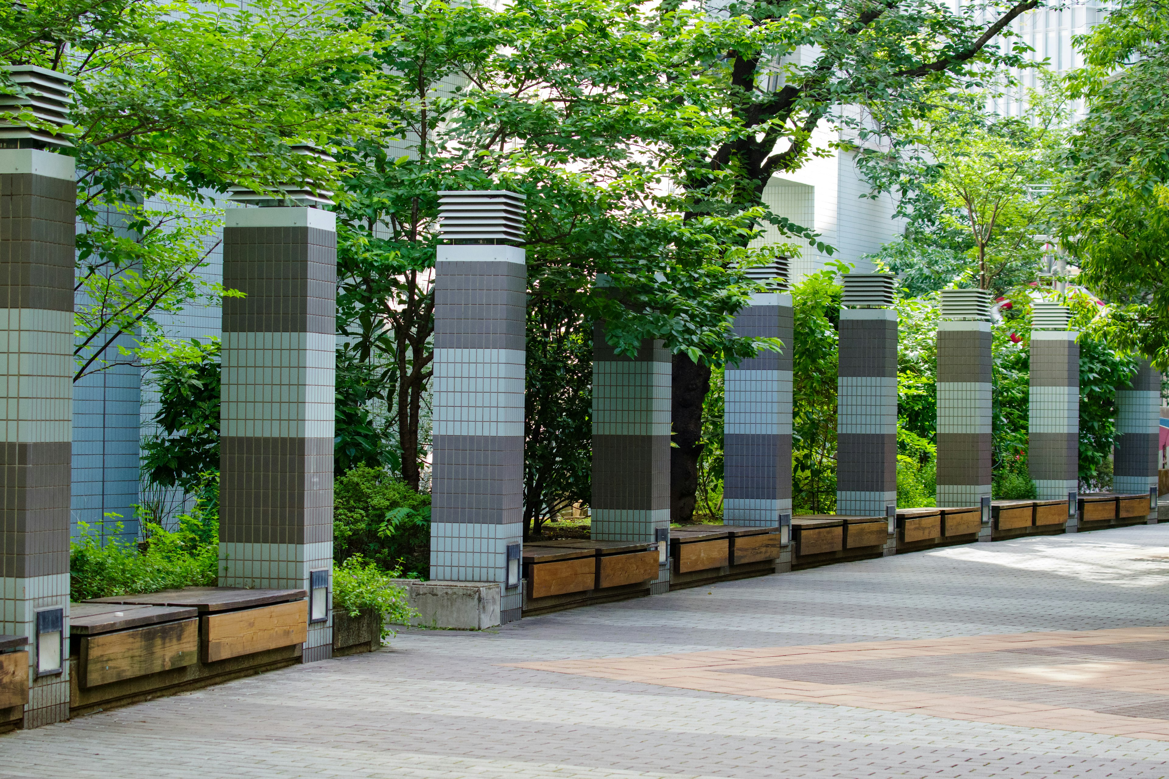 Columnas modernas alineadas a lo largo de un camino rodeado de vegetación