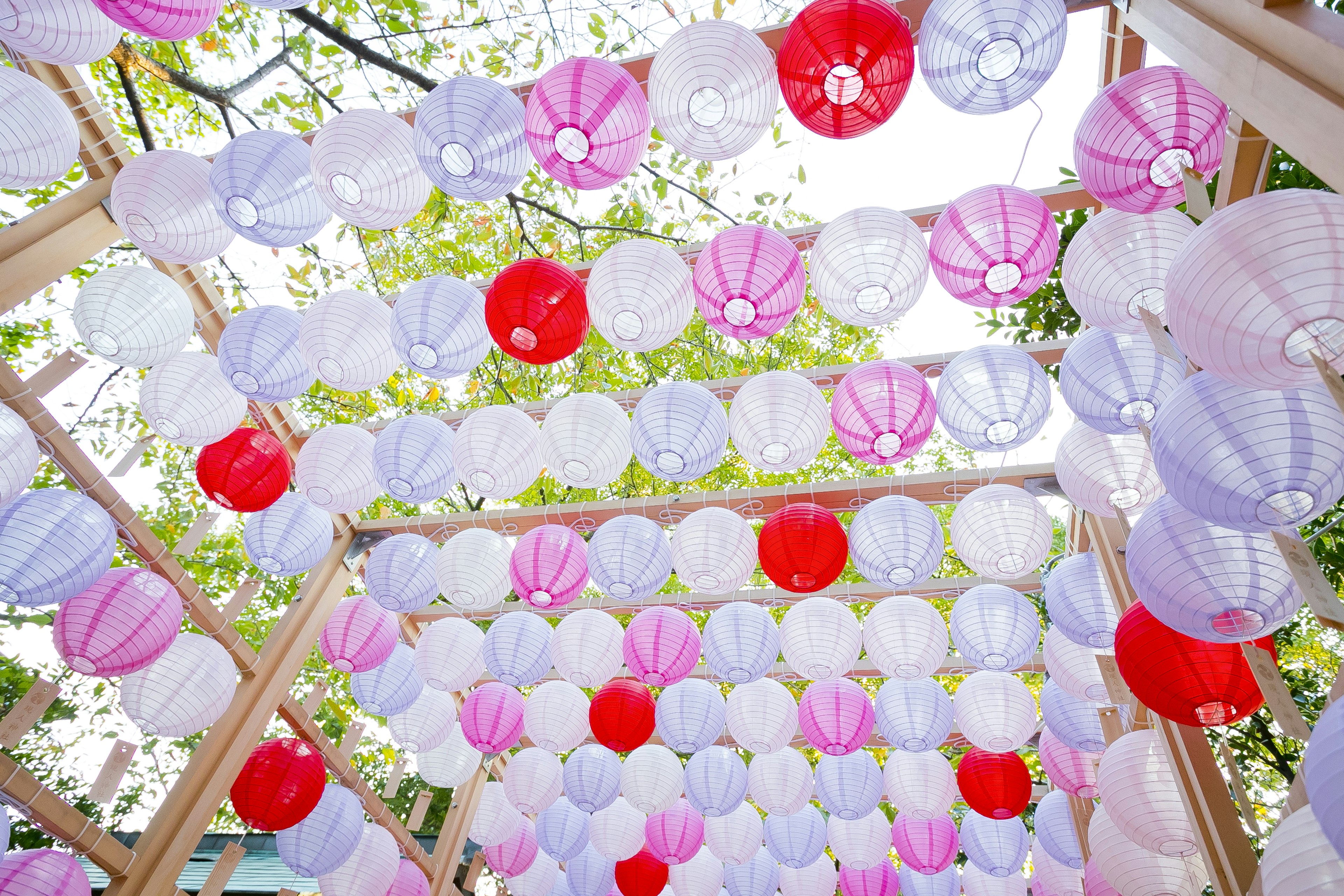 Colorful lanterns hanging in an outdoor decoration