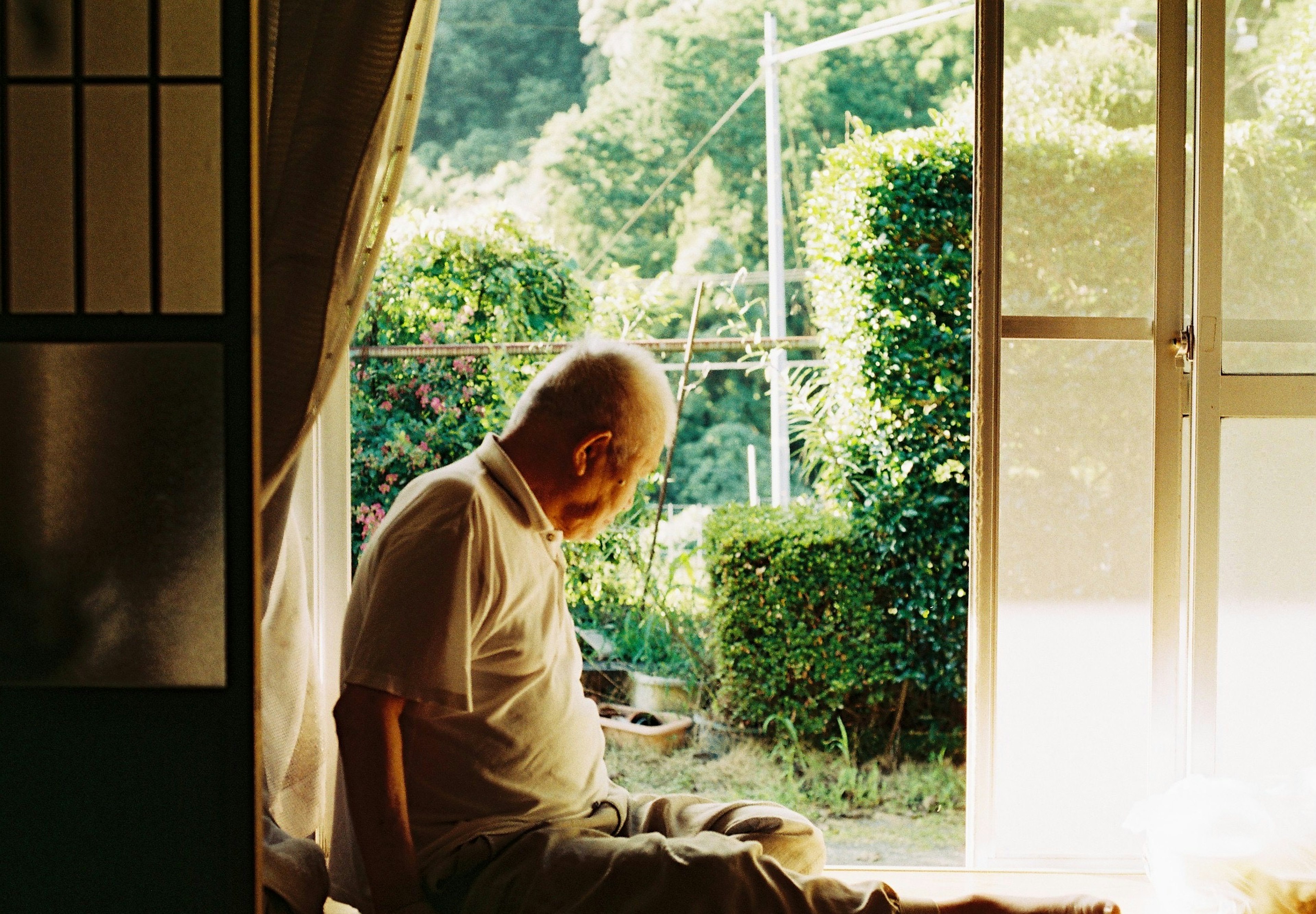 Hombre anciano sentado tranquilamente junto a la ventana