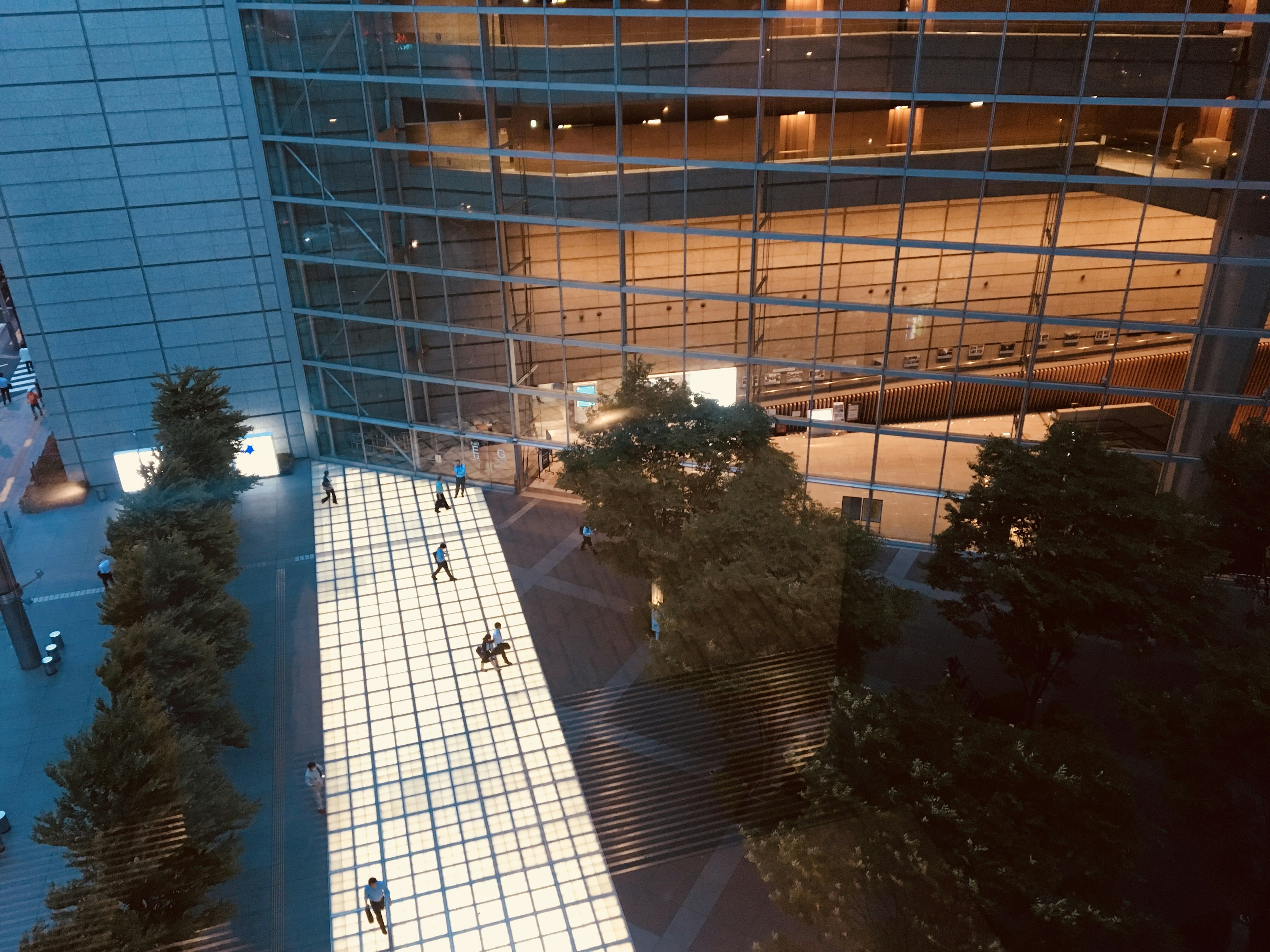 Vue nocturne d'un bâtiment moderne avec façade en verre et chemin éclairé