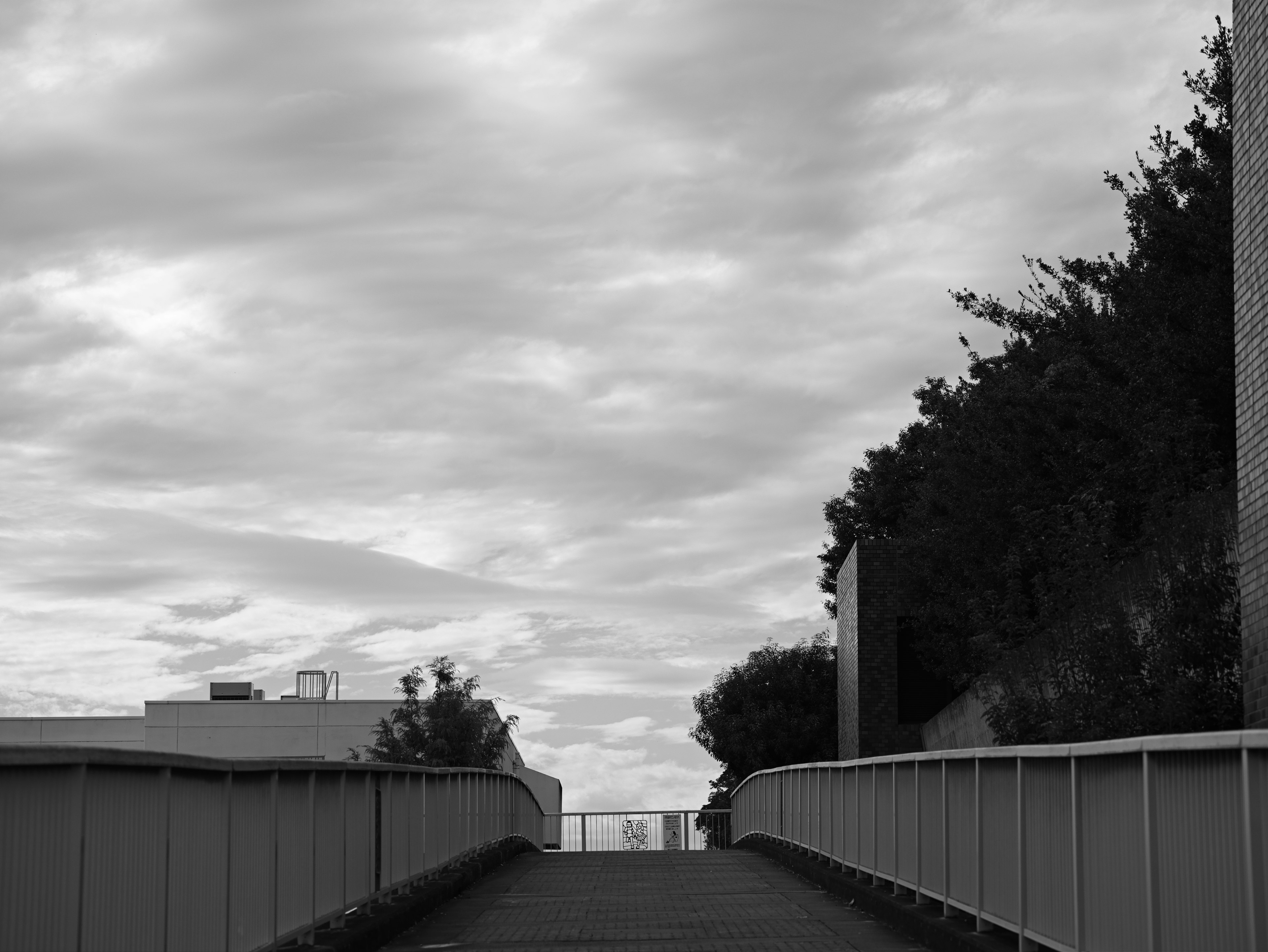 Black and white pathway leading to a cloudy sky