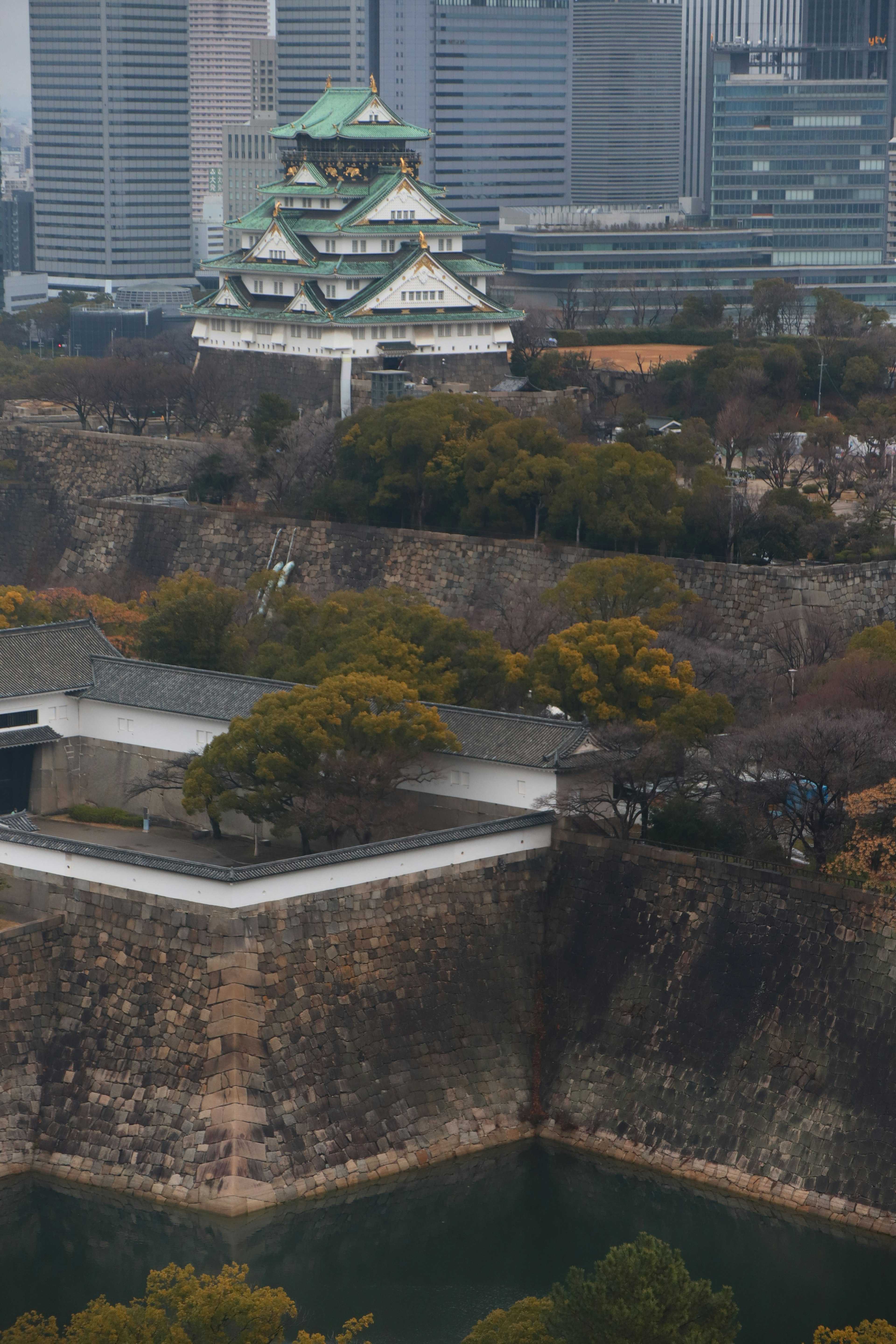 Château d'Osaka entouré de gratte-ciel modernes