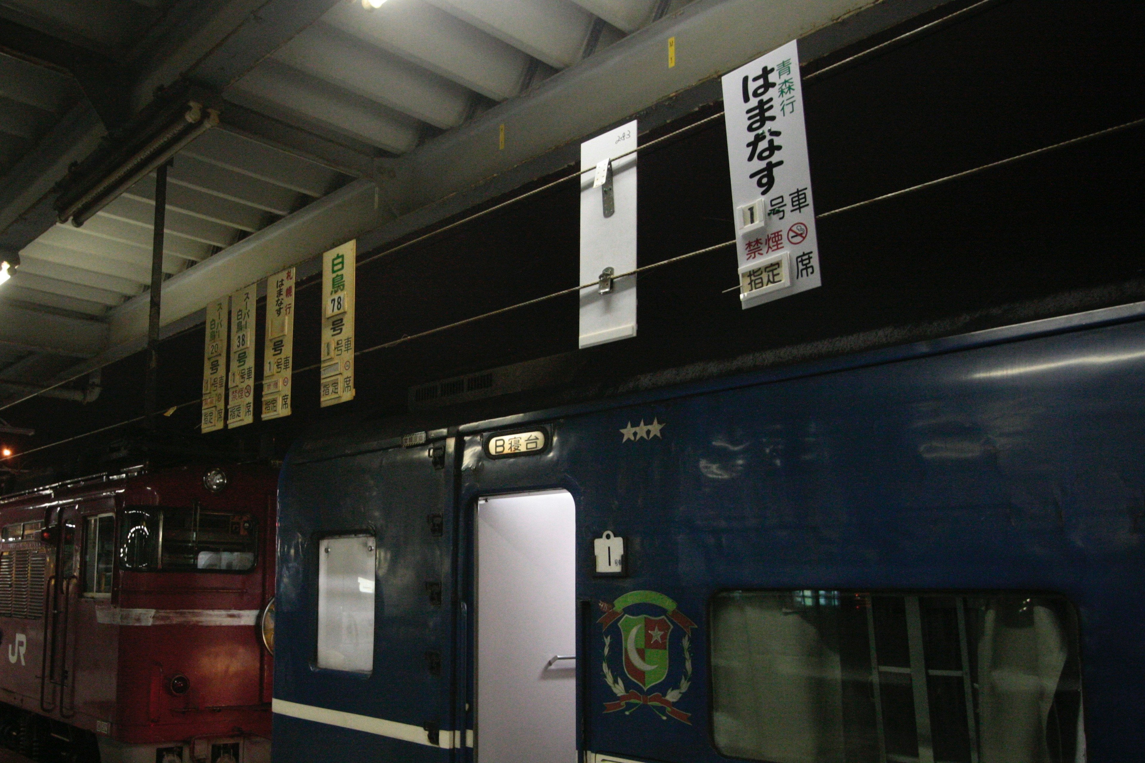 Interior de una estación poco iluminada con un tren azul y señales exhibidas