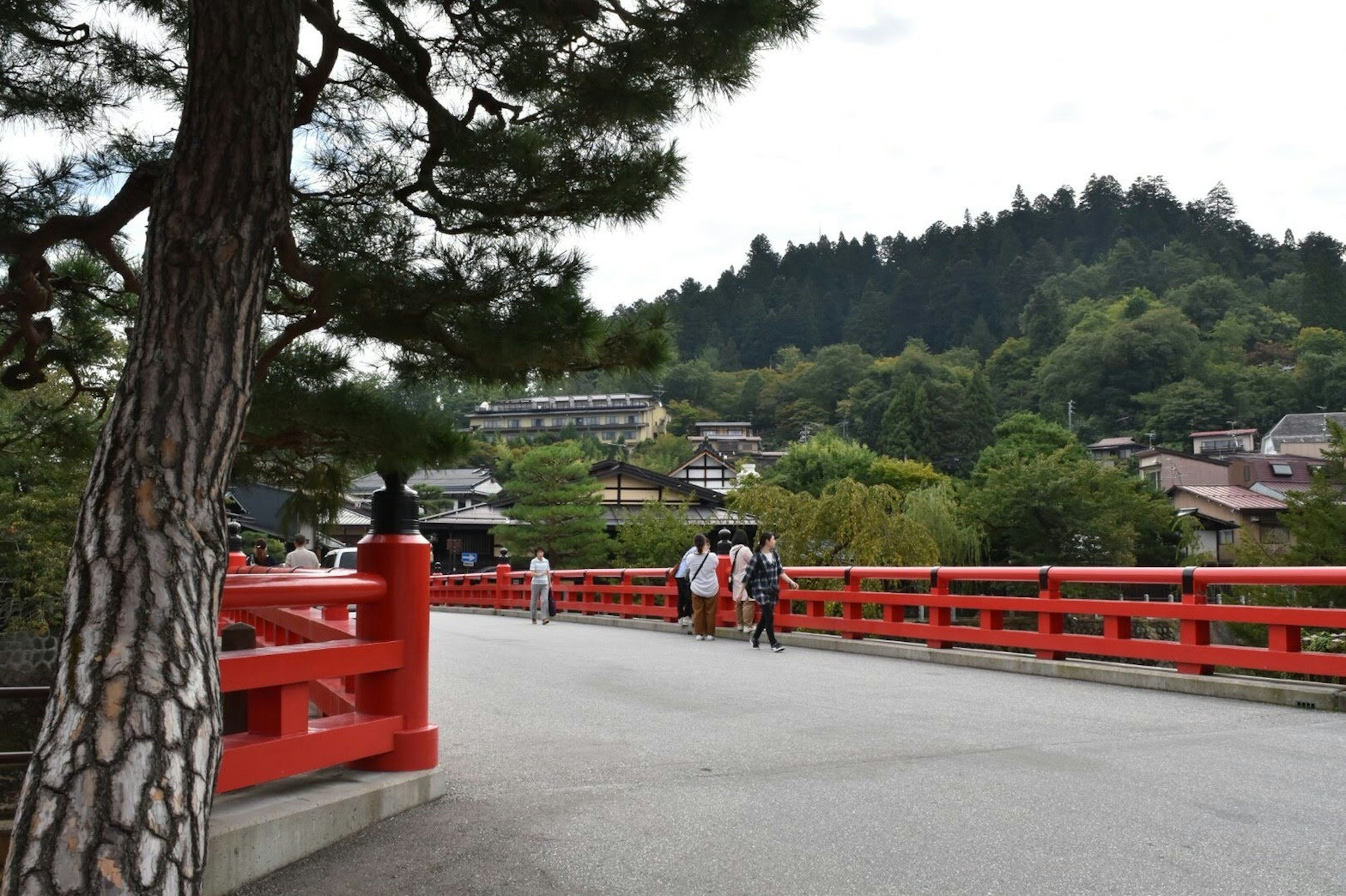 People walking on a red bridge with green mountains in the background