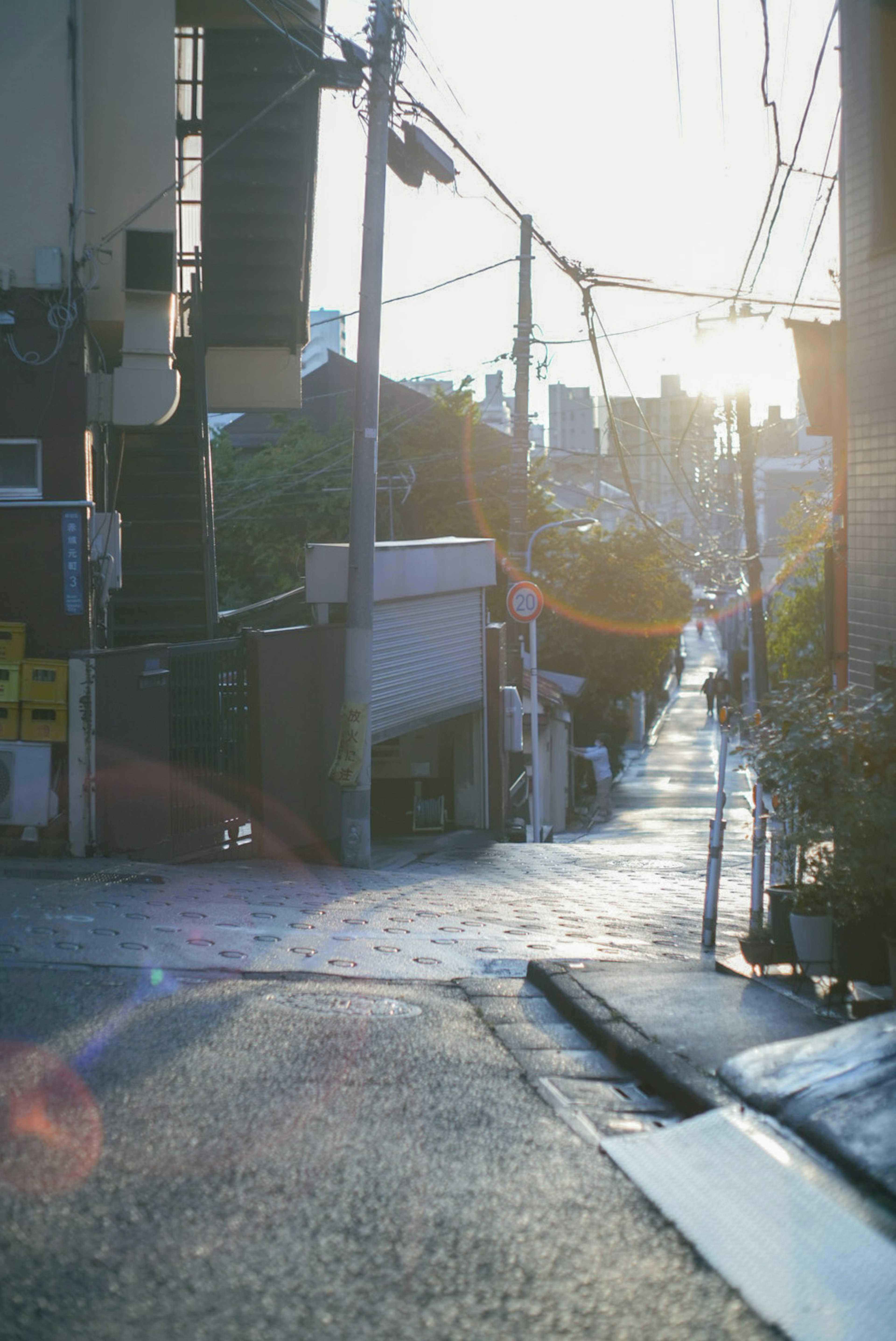 日没時の静かな通りの風景街灯と電線がある