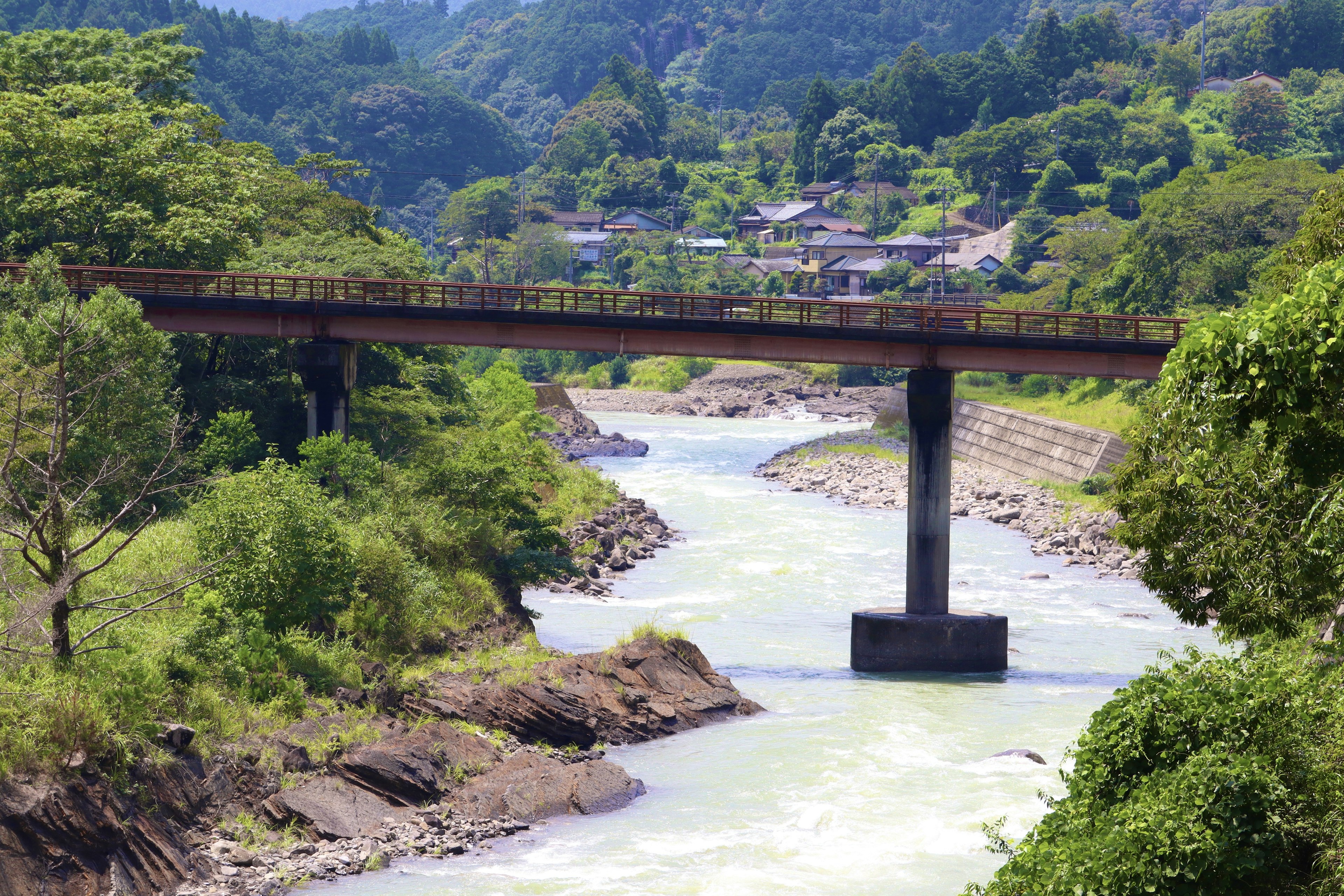 一座横跨绿意盎然河流的铁路桥