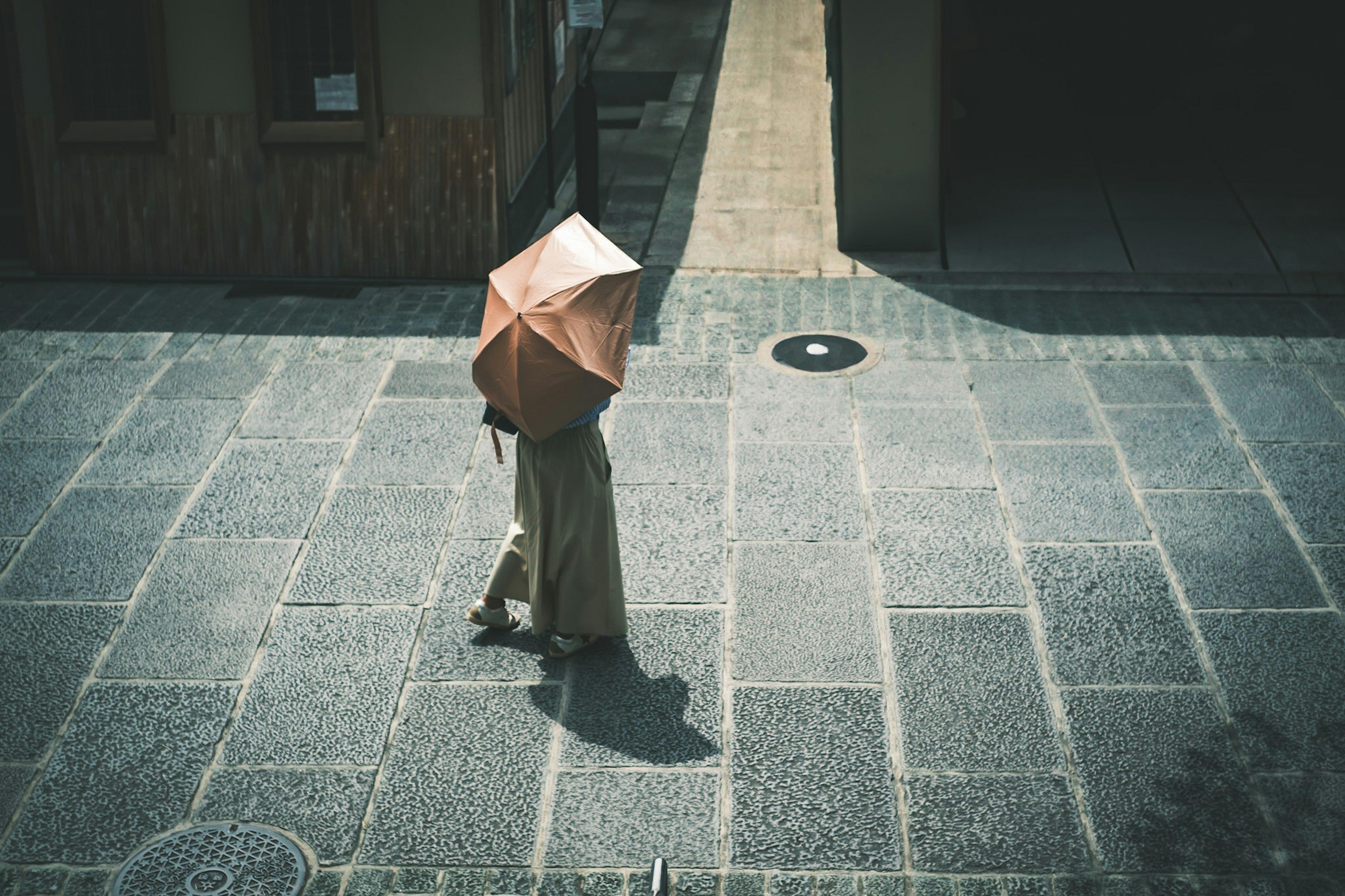 A person walking with an umbrella from a bird's eye view