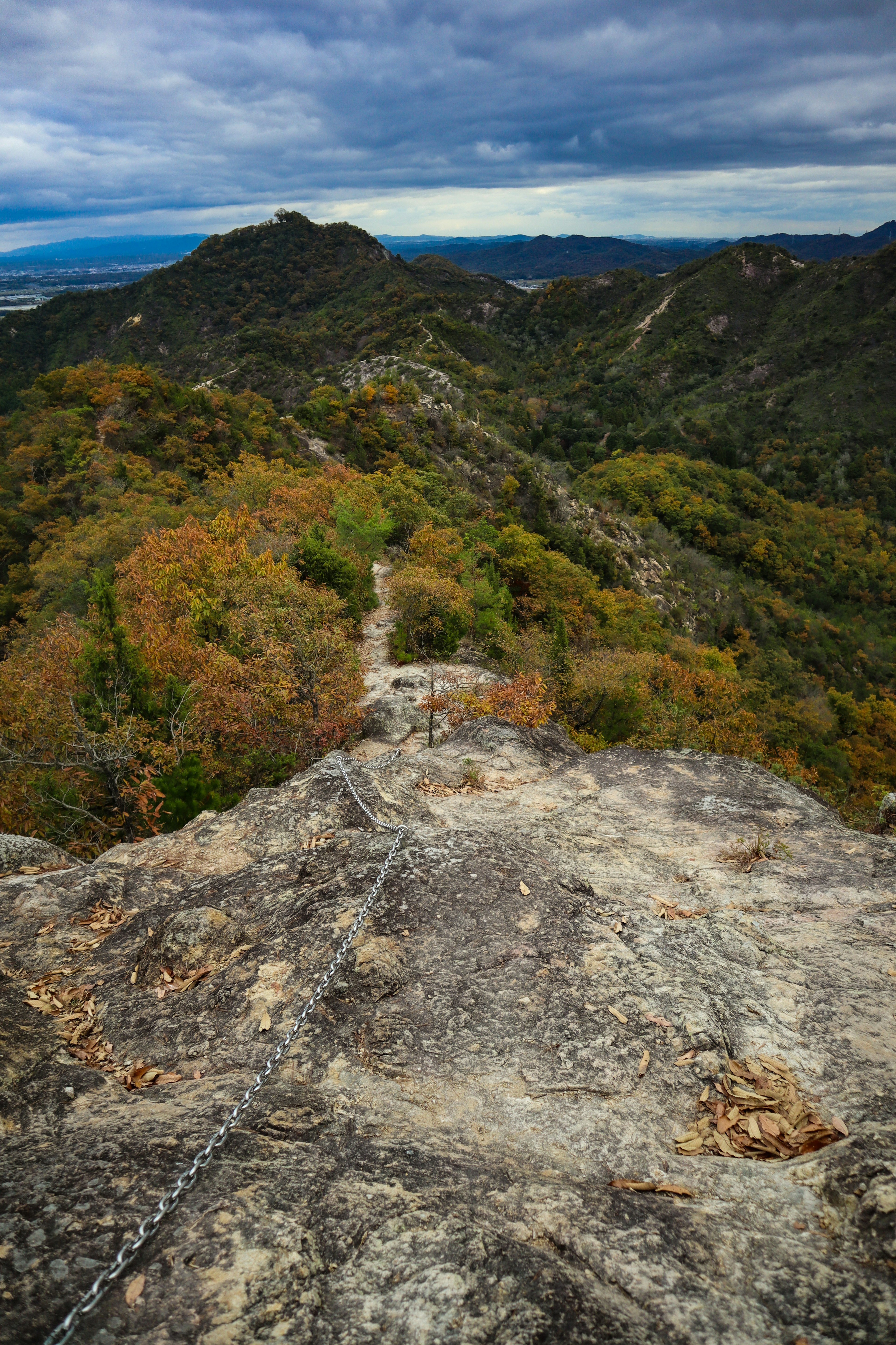 Scenic view from mountain peak showcasing green and orange foliage under a cloudy sky