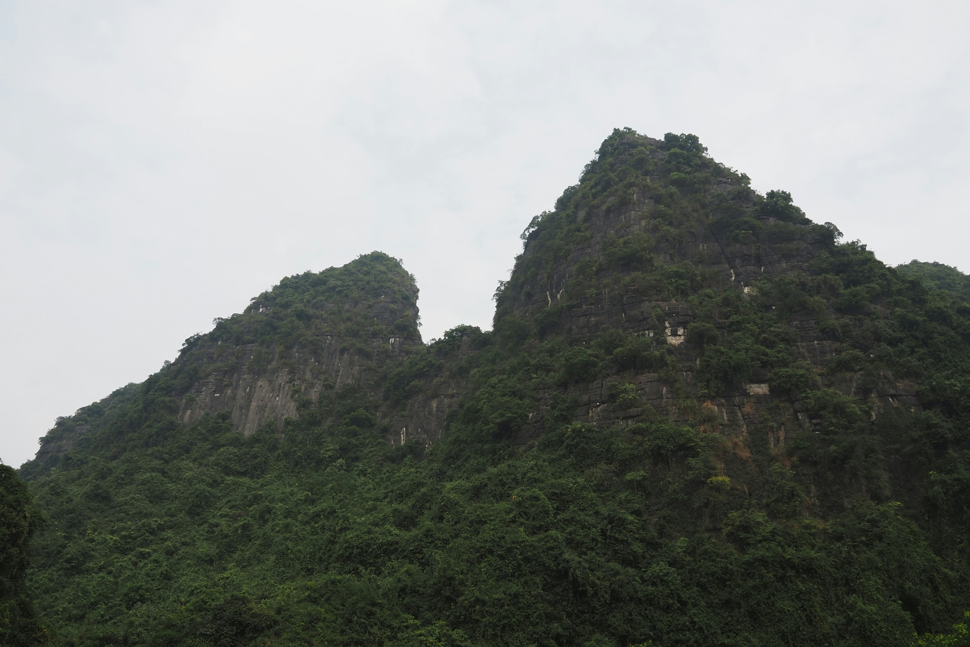 Gunung hijau menjulang di bawah langit mendung