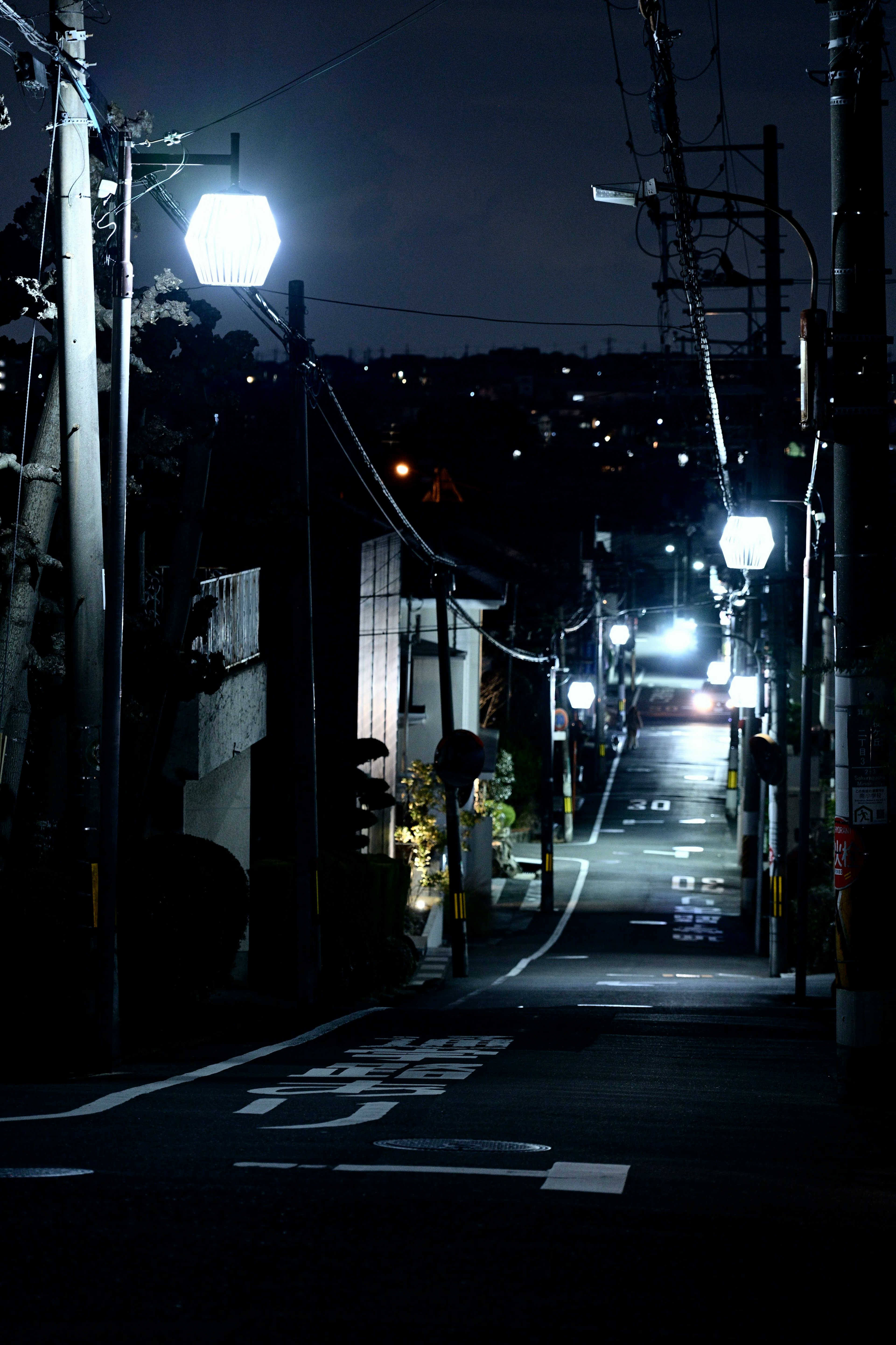 夜の街路に沿った照明と影のコントラスト