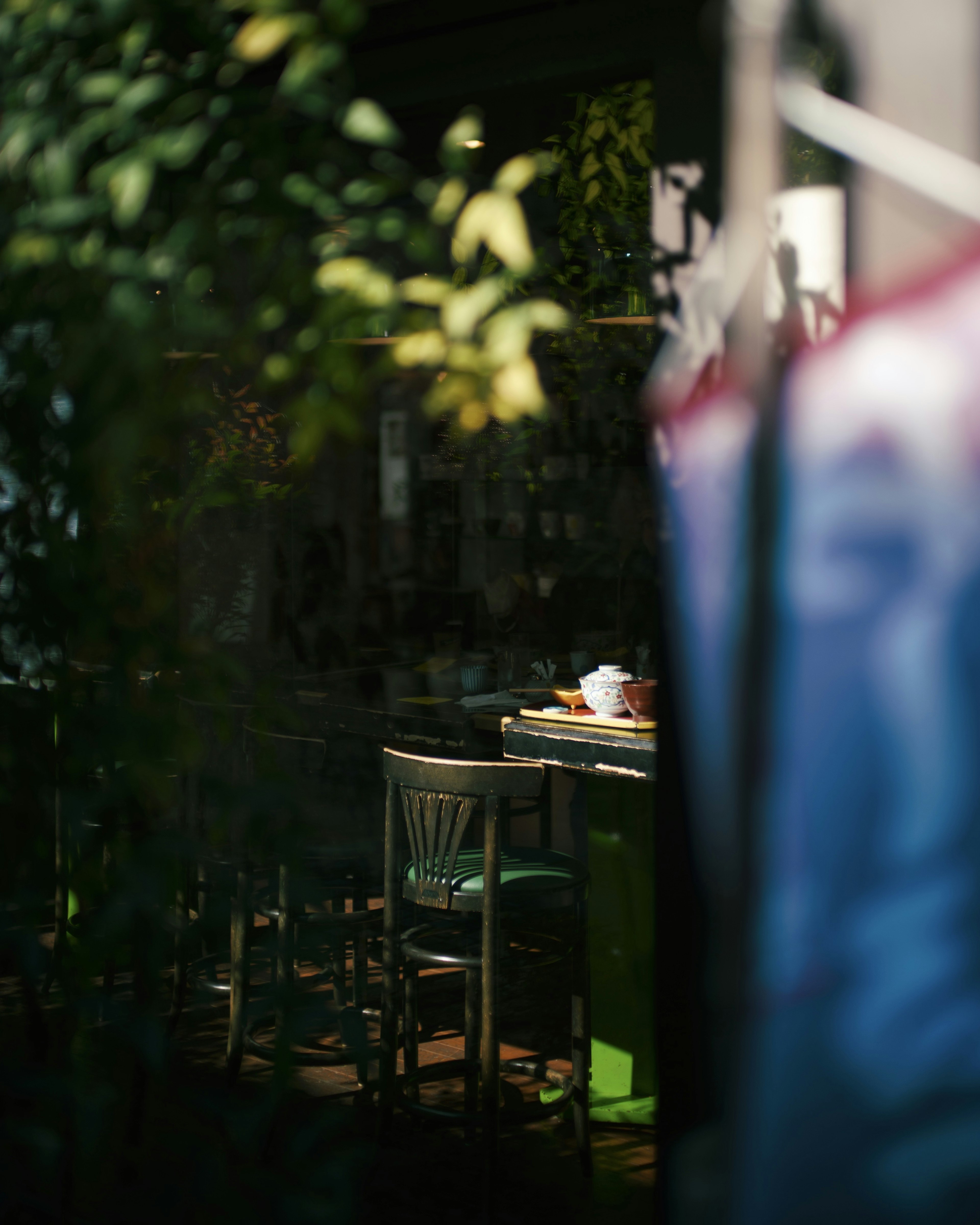 Eine Cafészene mit einem Tisch und Stühlen, umgeben von grünen Pflanzen